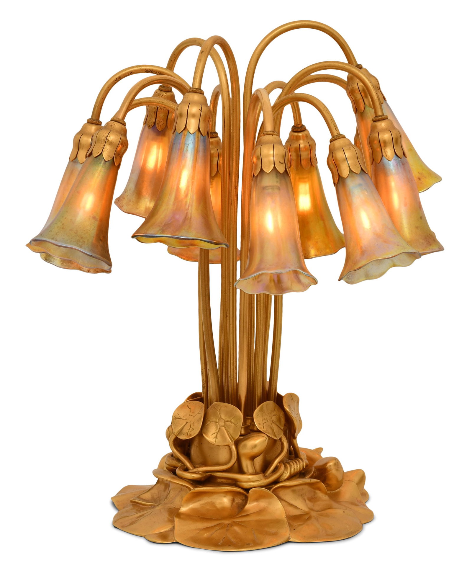 Tiffany Studios Twelve-Light "Lily" Table Lamp: Tiffany Studios Twelve-Light "Lily" Table Lamp circa 1910 favrile glass, gilt bronze each shade engraved "L.C.T. - Favrile" base impressed "Tiffany Studios, New York, 382" 17 1/2 x 12 inches