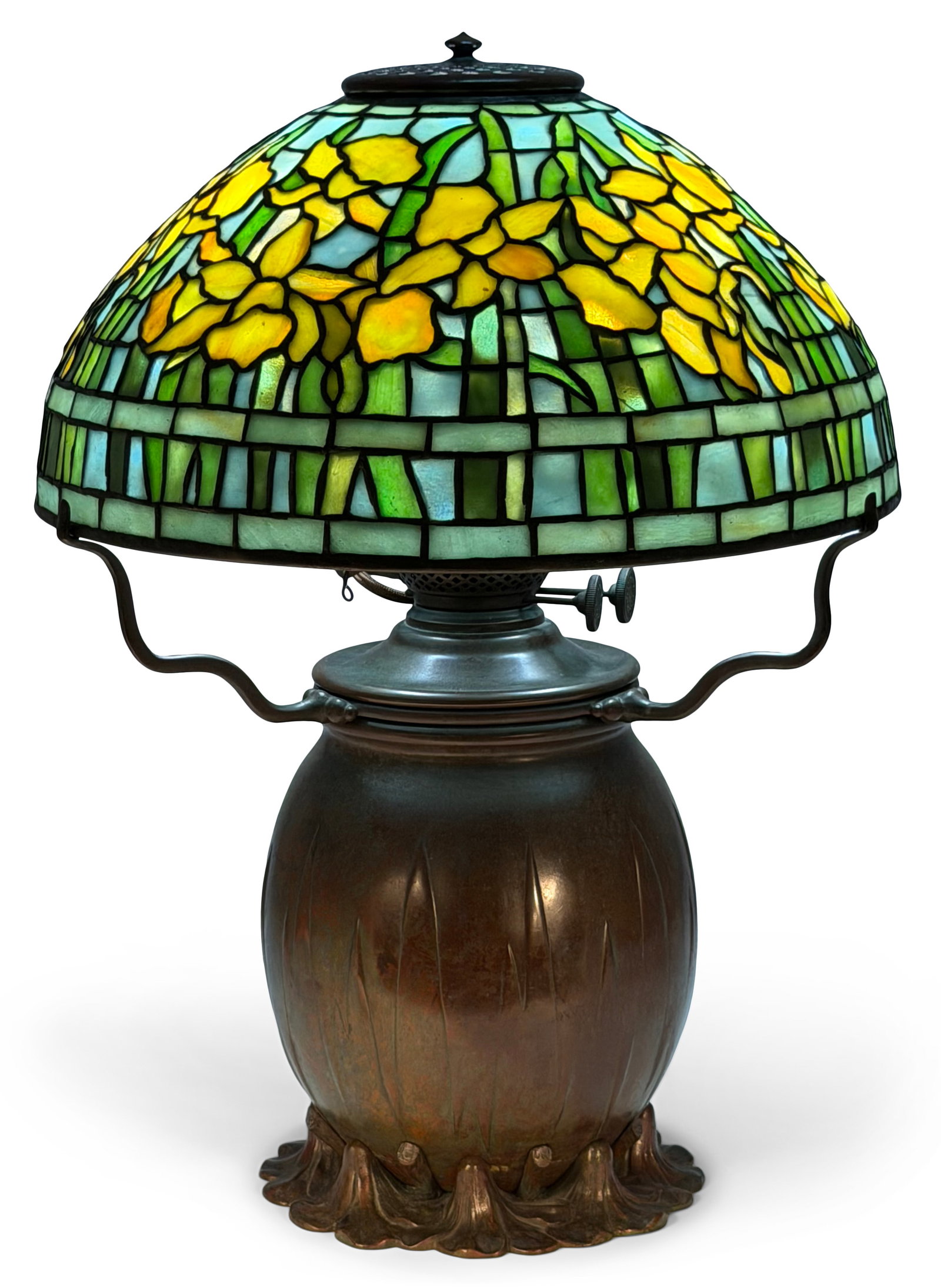 Tiffany Studios "Daffodil" Table Lamp: Tiffany Studios "Daffodil" Table Lamp circa 1910 with a "Swamp Flower" base leaded glass, patinated bronze shade impressed "Tiffany Studios, New York, 1426" oil canister impressed "Tiffany Studios, Ne