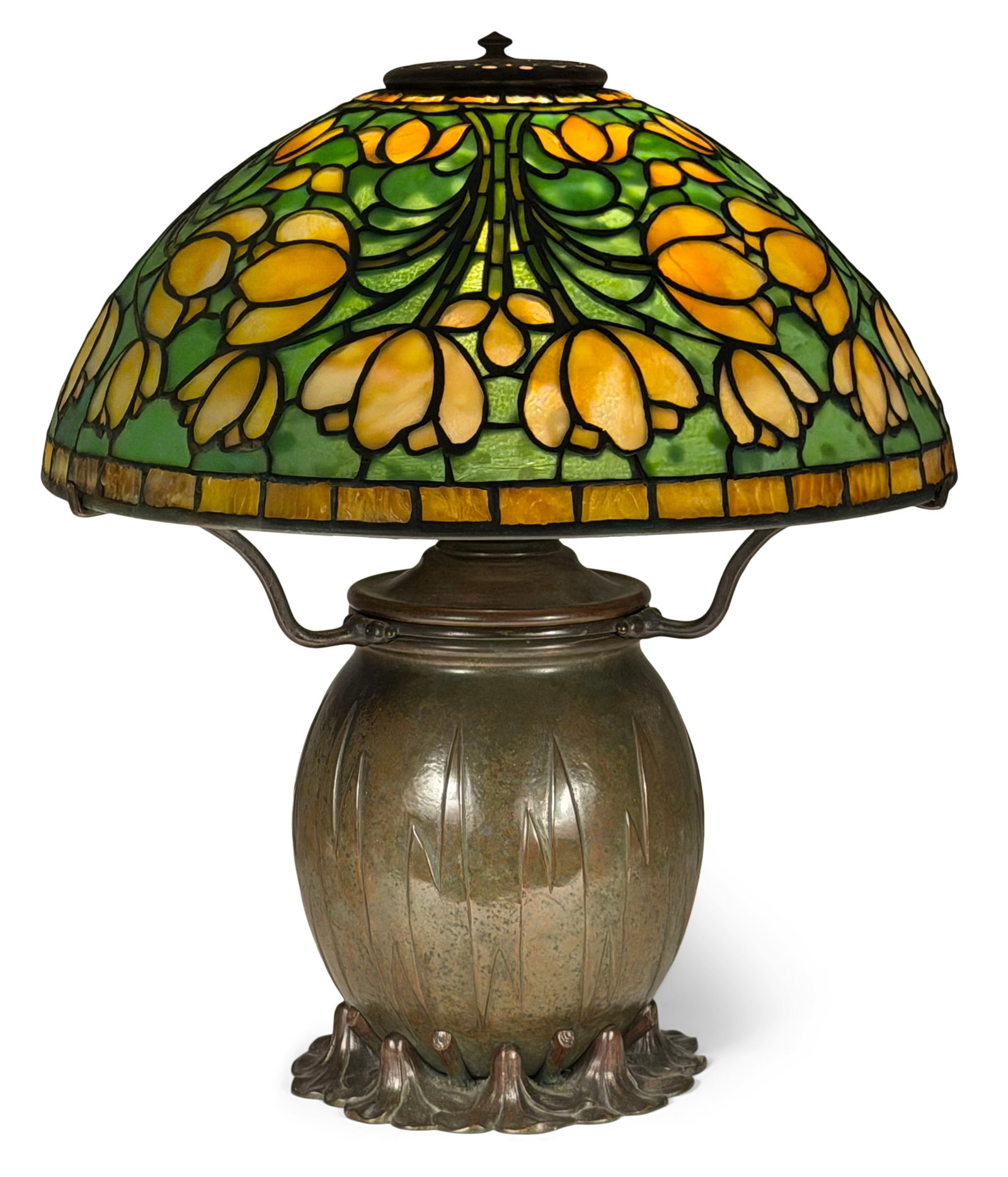 Tiffany Studios "Tulip Cluster" Table Lamp: Tiffany Studios "Tulip Cluster" Table Lamp circa 1910 with a "Swamp Flower" base leaded glass, patinated bronze shade impressed "Tiffany Studios, New York" oil canister impressed "Tiffany Studios, New