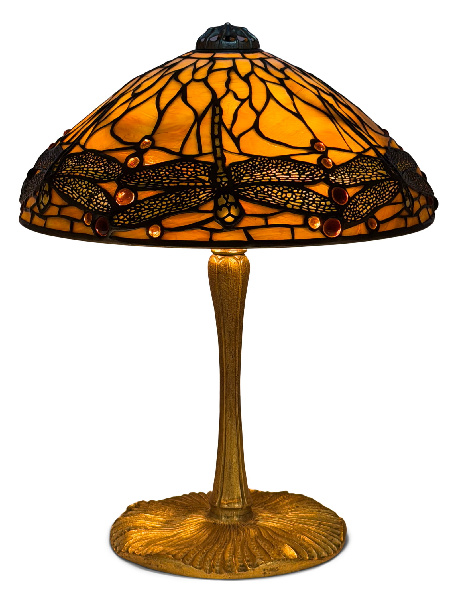 Tiffany Studios "Dragonfly" Table Lamp: Tiffany Studios "Dragonfly" Table Lamp circa 1910 leaded glass, gilt bronze shade impressed "Tiffany Studios, New York, 1585" base impressed "Tiffany Studios, New York, 337" 18 1/2 in. high, 14 in.