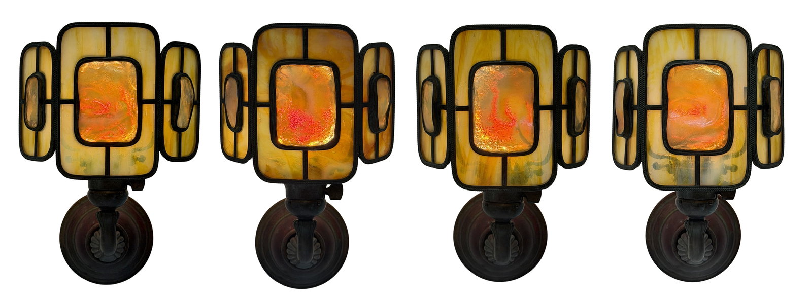 Tiffany Studios, Set of Four "Turtle-Back" Wall Sconces: Tiffany Studios Set of Four "Turtle-Back" Wall Sconces circa 1910 favrile glass, patinated bronze 12 x 6 1/2 x 7 1/2 inches Provenance: Private Collection, Ohio Fontaine's, Fine & Decorative Arts, 6