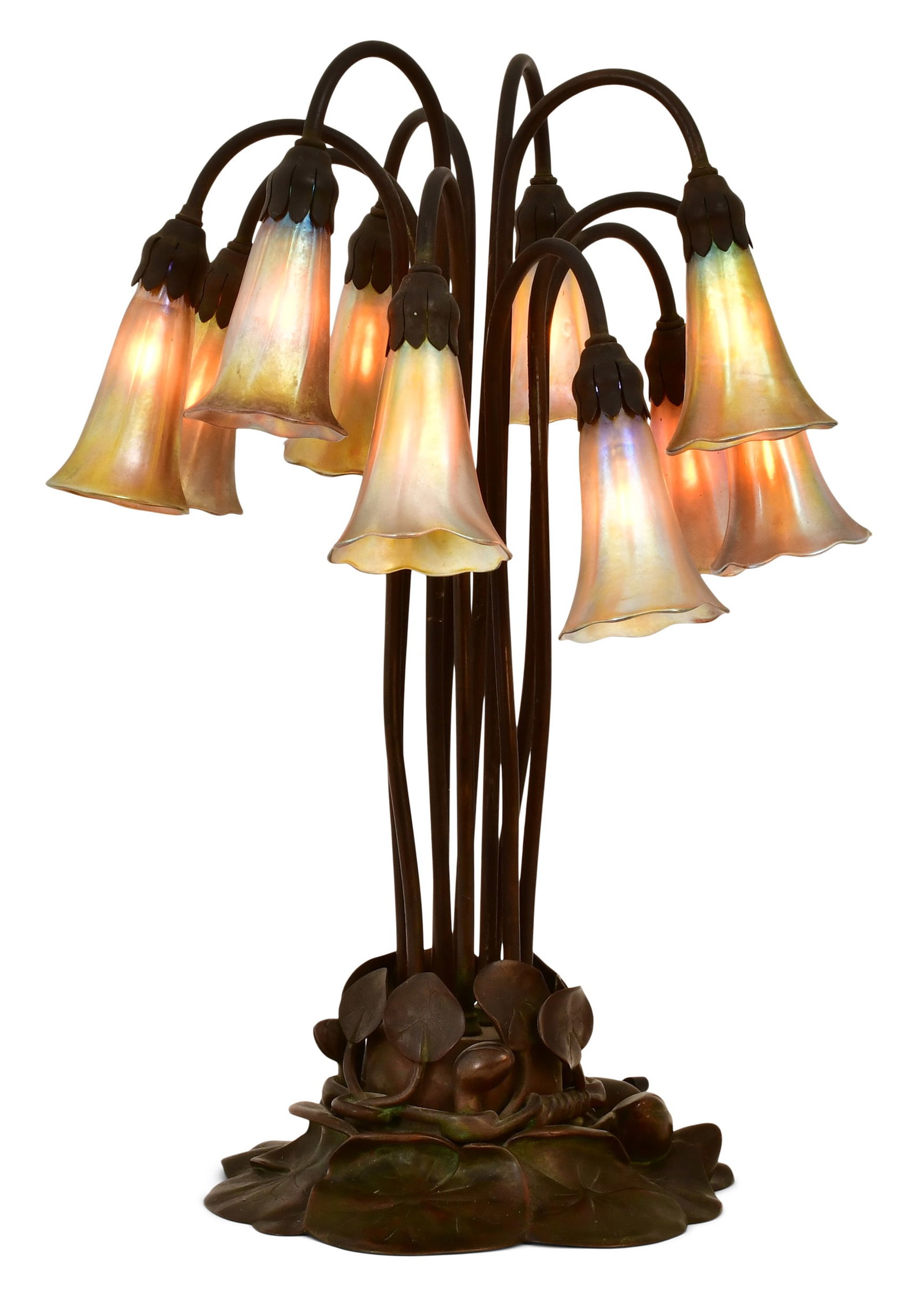 Tiffany Studios Ten-Light "Lily" Table Lamp: Tiffany Studios Ten-Light "Lily" Table Lamp circa 1910 favrile glass, patinated bronze each shade engraved "L.C.T." base impressed "Tiffany Studios, New York, 381" 21 x 11 1/2 inches Provenance: Pr