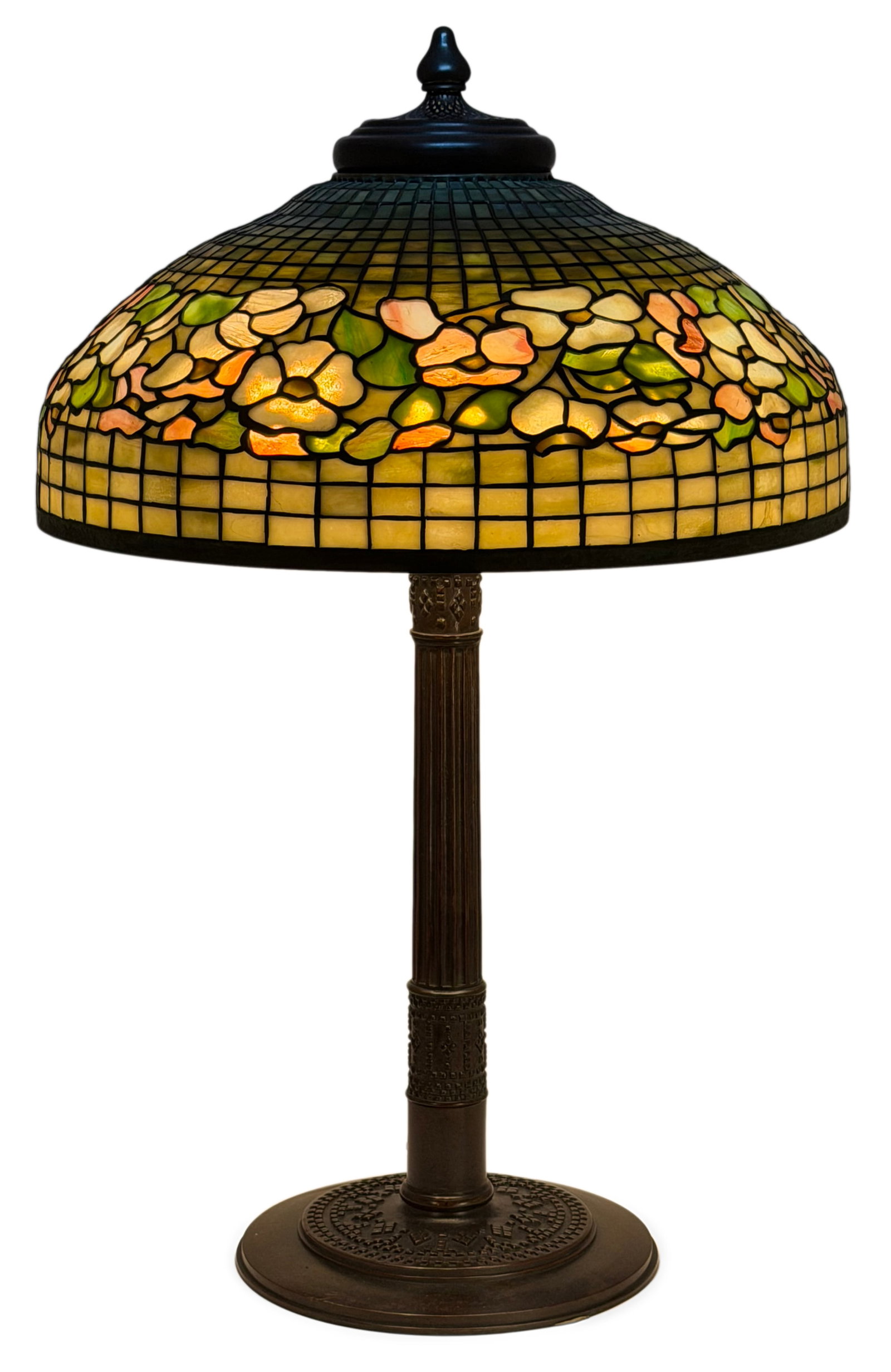 Tiffany Studios "Banded Dogwood" Table Lamp: Tiffany Studios "Banded Dogwood" Table Lamp circa 1910 with a "Roman" base leaded glass, patinated bronze shade impressed "Tiffany Studios, New York, 1491" base impressed "Tiffany Studios, New York, 5