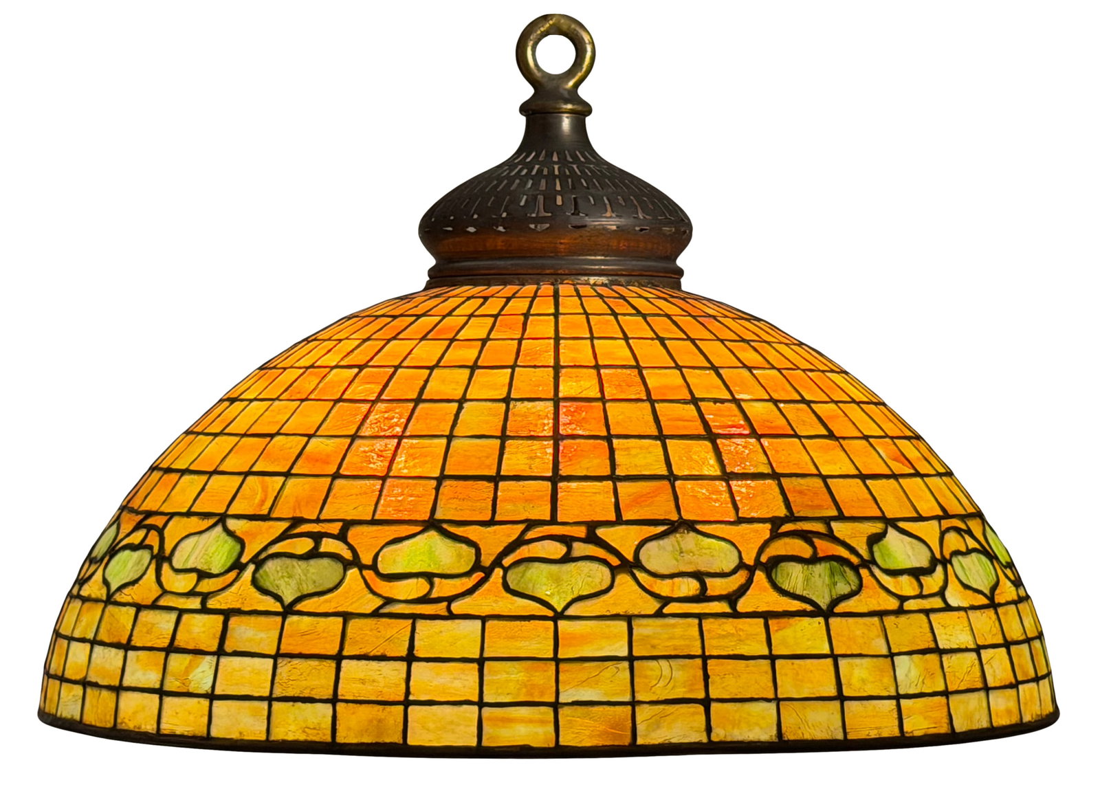 Tiffany Studios "Vine Border" Chandelier: Tiffany Studios "Vine Border" Chandelier circa 1910 leaded glass, patinated bronze shade impressed "Tiffany Studios, New York" 18 in. drop, 24 in. diameter (shade) Provenance: Important Private