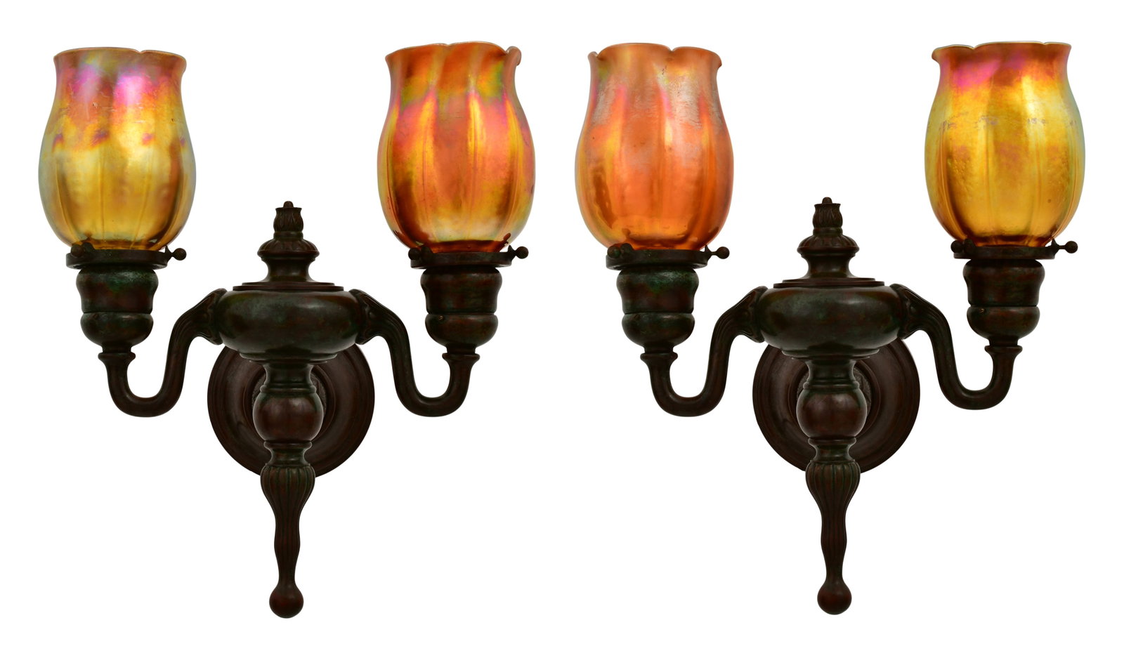 Tiffany Studios, Pair of Two-Light "Tulip" Sconces: Tiffany Studios Pair of Two-Light "Tulip" Sconces circa 1905 favrile glass, patinated bronze each shade engraved "L.C.T." 13 x 11 x 8 1/2 inches Provenance: Private Collection, New York Other Notes: