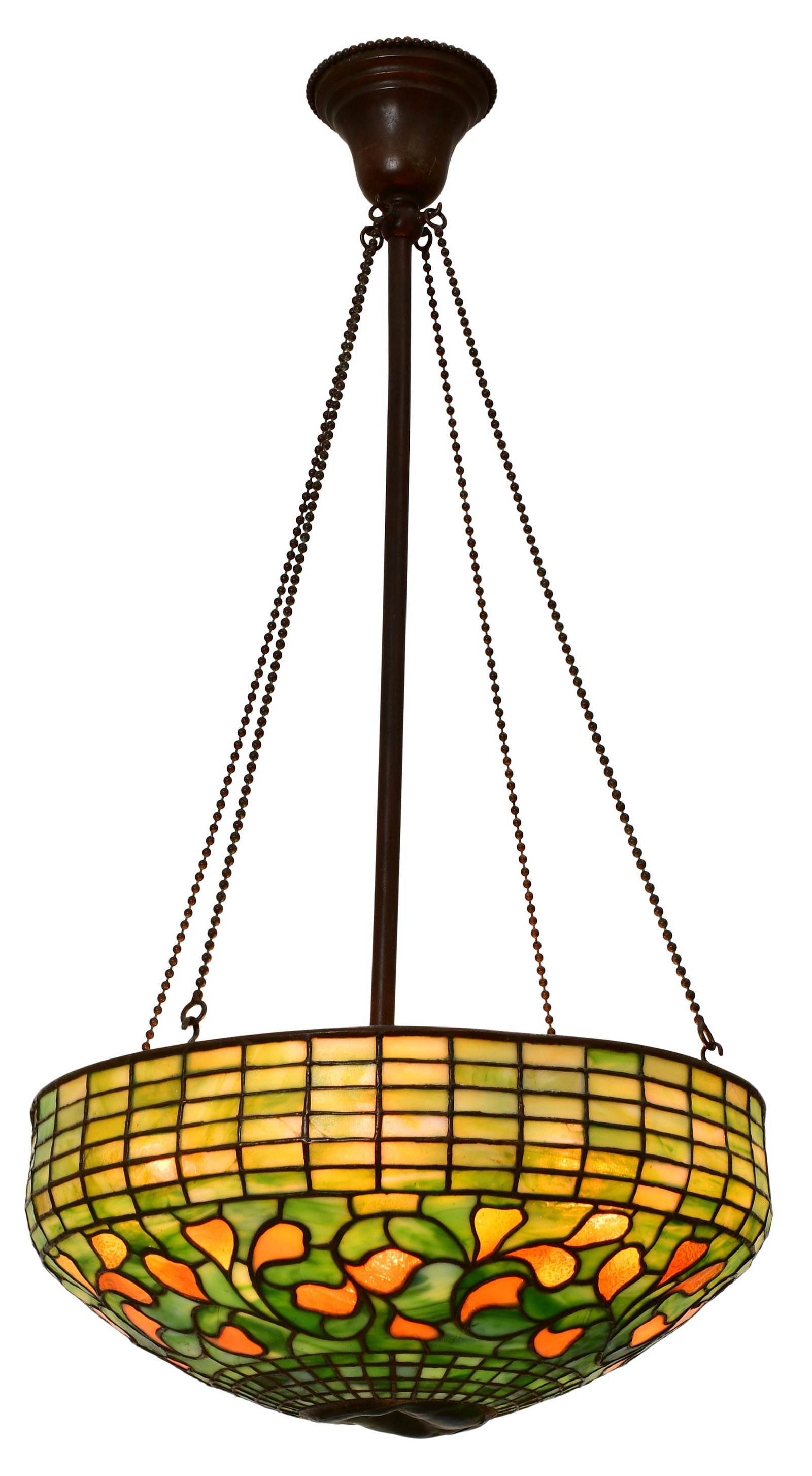 Tiffany Studios "Turtle-Back & Swirling Leaf" Chandelier: Tiffany Studios "Turtle-Back & Swirling Leaf" Chandelier circa 1905 leaded glass, favrile glass, patinated bronze shade impressed "Tiffany Studios, New York" 38 in. drop, 18 in. diameter (shade) Prove