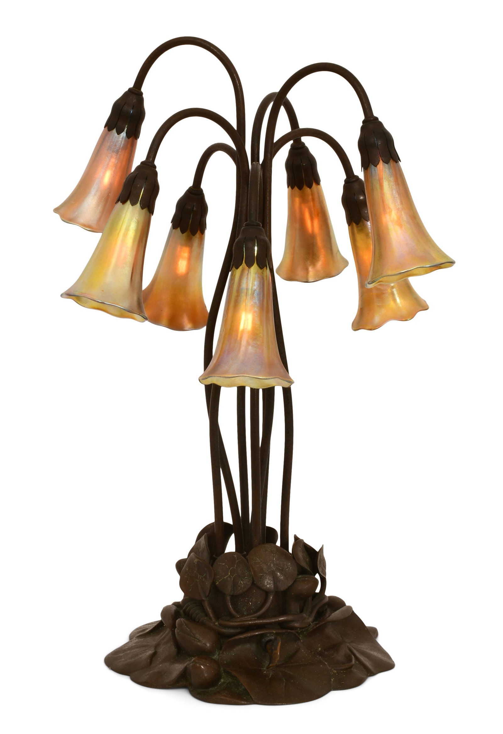 Tiffany Studios Seven-Light "Lily" Table Lamp: Tiffany Studios Seven-Light "Lily" Table Lamp circa 1910 patinated bronze, favrile glass each shade engraved "L.C.T. Favrile" base impressed "Tiffany Studios, New York, 385" 21 1/2 x 11 inches Prov
