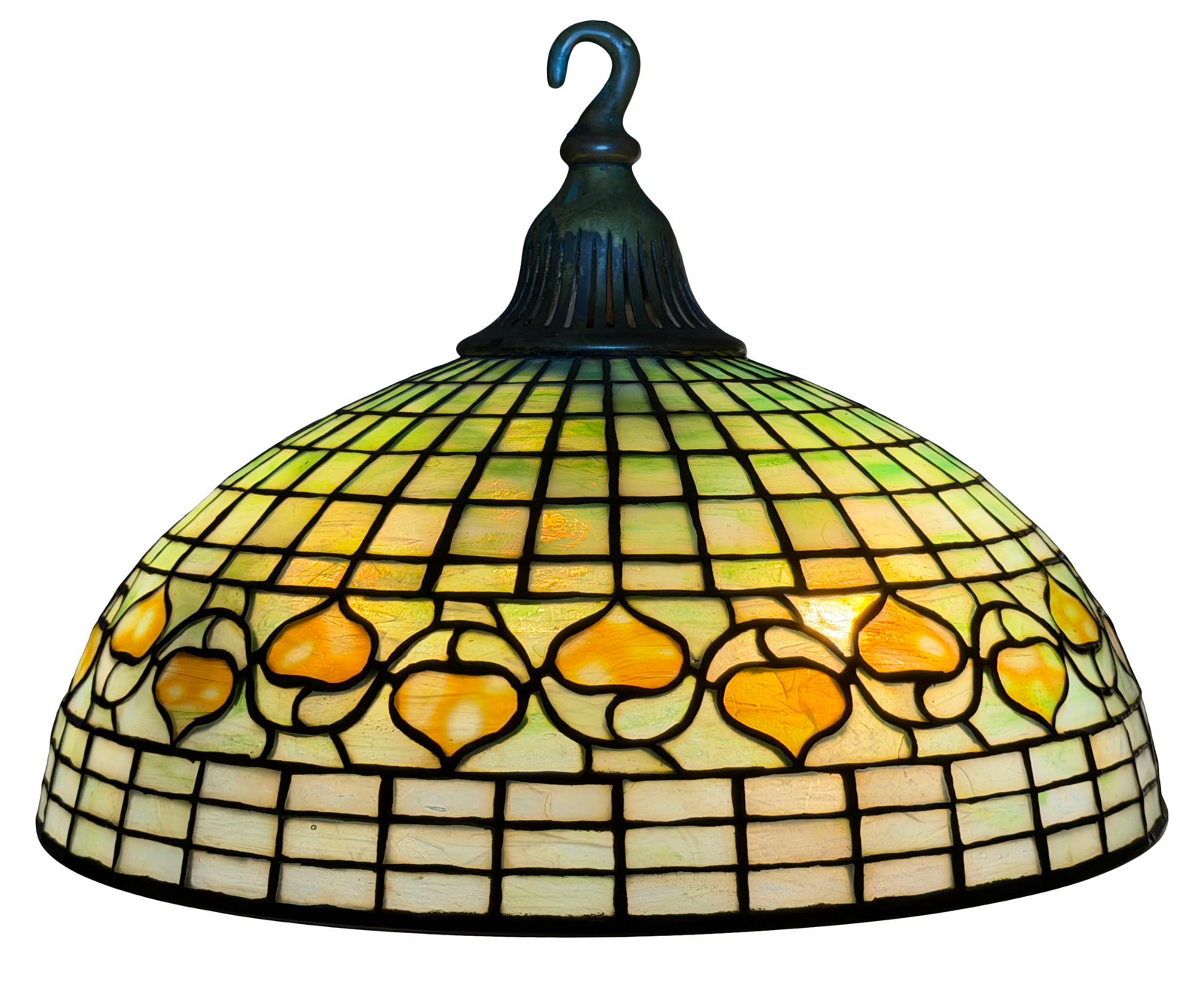 Tiffany Studios "Vine Border" Chandelier: Tiffany Studios "Vine Border" Chandelier circa 1905 leaded glass, patinated bronze shade impressed "Tiffany Studios, New York" 11 x 16 inches Provenance: Private Collection, New Jersey Other Notes: