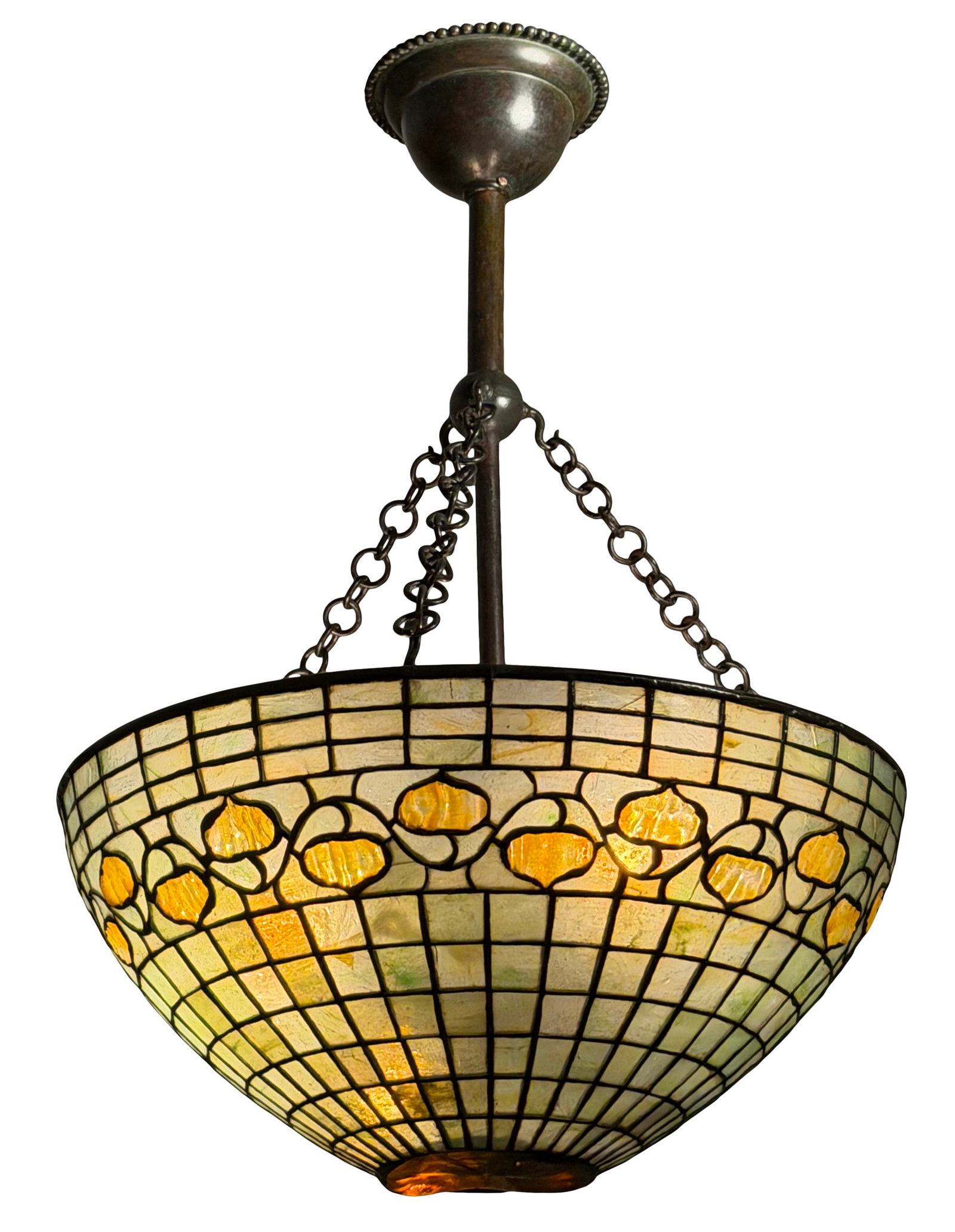 Tiffany Studios "Turtle-Back & Vine Border" Chandelier: Tiffany Studios "Turtle-Back & Vine Border" Chandelier circa 1905 leaded glass, favrile glass, patinated bronze shade impressed "Tiffany Studios, New York" 23 in. drop, 16 in. diameter (shade)