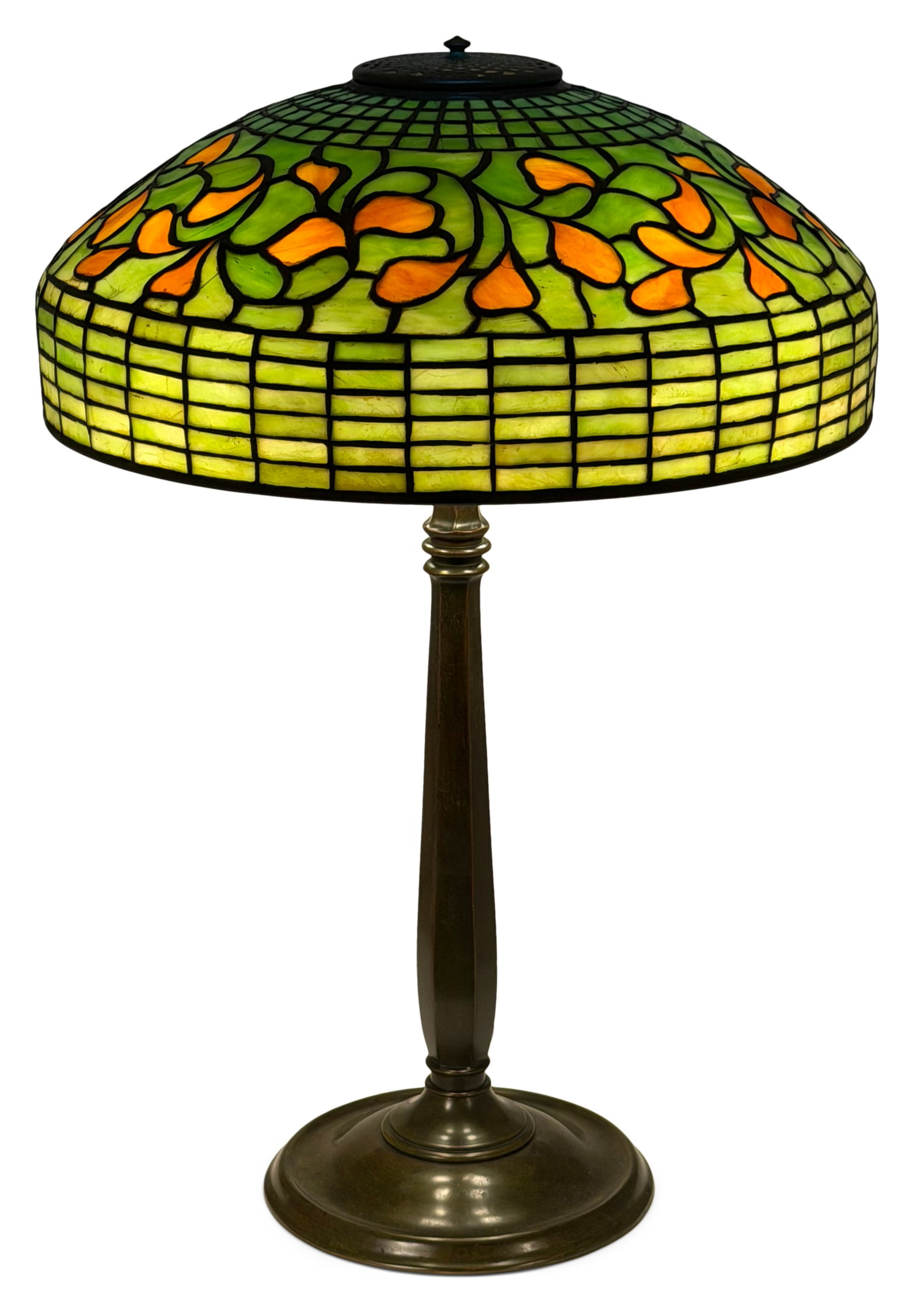 Tiffany Studios "Swirling Leaf" Table Lamp: Tiffany Studios "Swirling Leaf" Table Lamp circa 1910 leaded glass, patinated bronze shade impressed "Tiffany Studios, New York" base impressed "Tiffany Studios, New York, 532" 27 1/2 in. high, 18