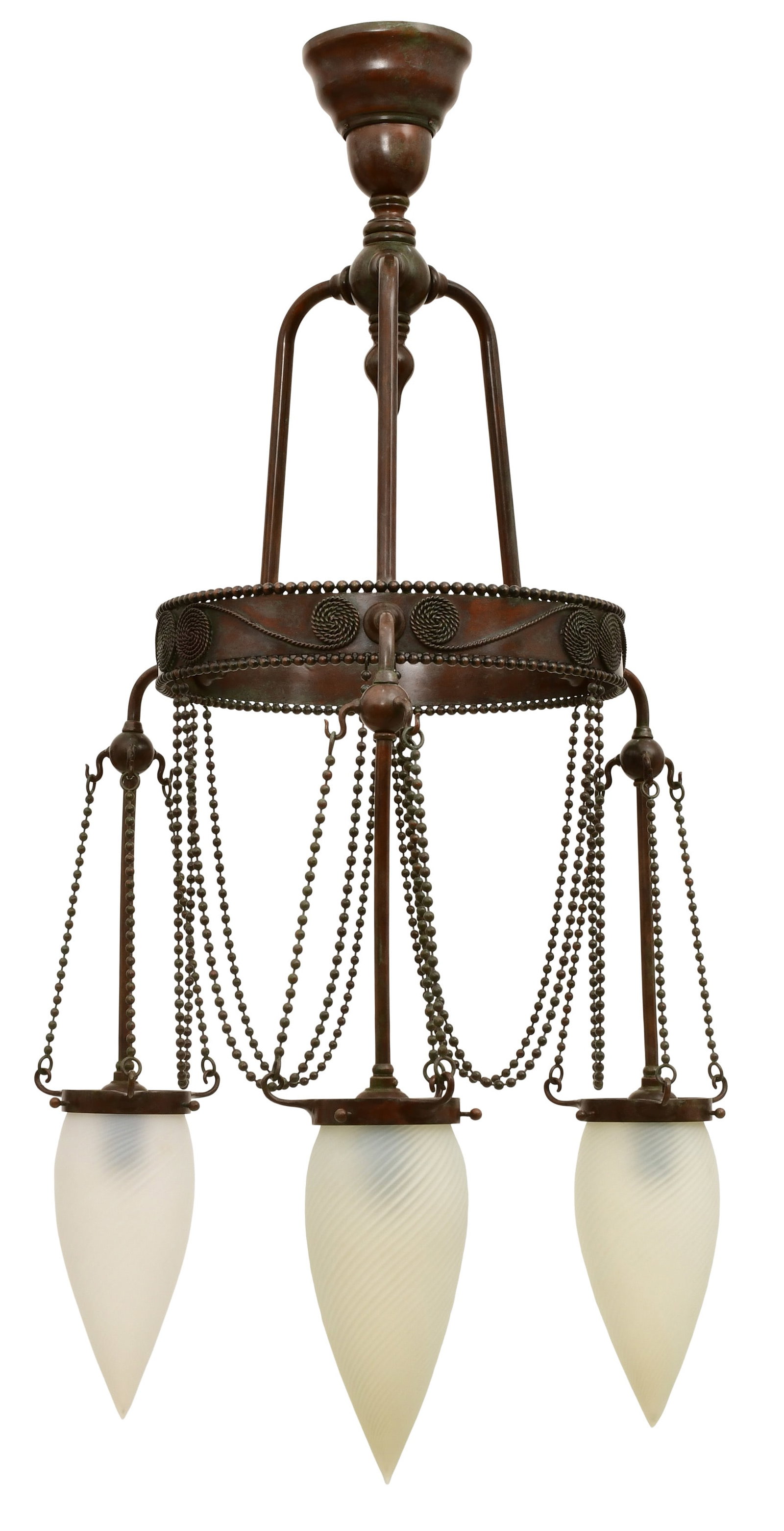Tiffany Studios "Moorish" Chandelier: Tiffany Studios "Moorish" Chandelier circa 1905 patinated bronze, favrile glass each shade engraved "L.C.T." 38 x 19 inches Provenance: Private Collection, New York