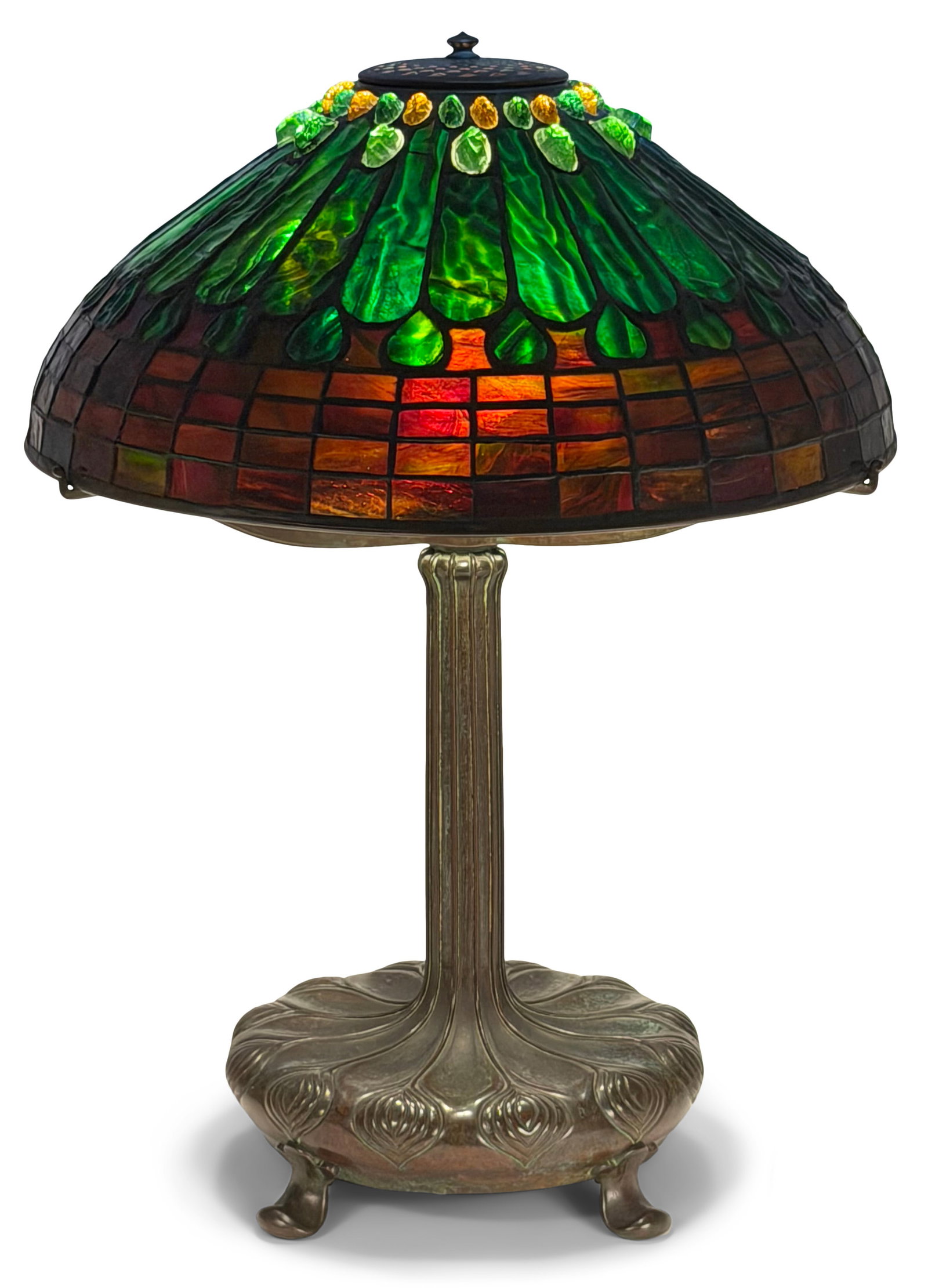 Tiffany Studios "Jeweled Feather" Table Lamp: Tiffany Studios "Jeweled Feather" Table Lamp circa 1905 leaded glass, patinated bronze shade impressed "Tiffany Studios, New York" base impressed "Tiffany Studios, New York, D805" and with the Tiffany