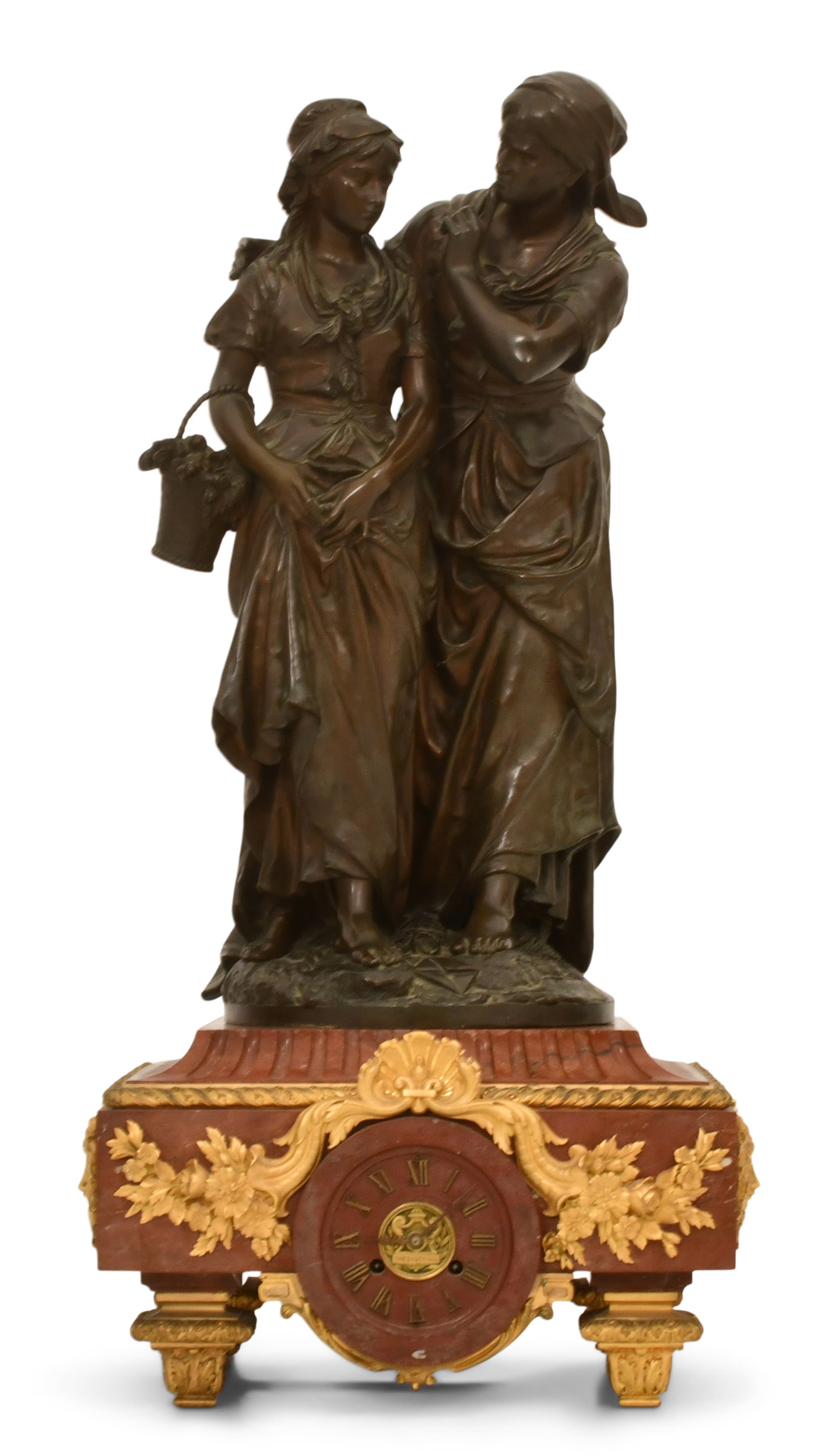 A Monumental French Bronze & Marble Clock, Sculpture by Jean-Louis Gregoire (1840-1890): A Monumental French Bronze & Marble Clock, Sculpture by Jean-Louis Gregoire (1840-1890) late 19th century the sculpture marked "L. Gregoire / Raingo Fres" and the clock dial marked "Thie Baut Freres" 
