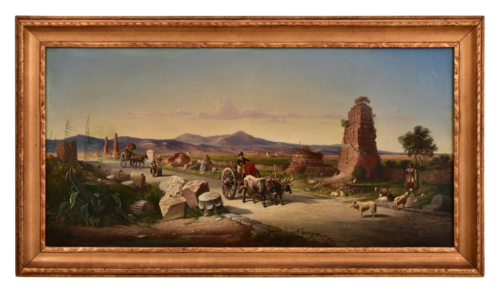Carel Max Gerlach Antoon Quaedvlieg (Dutch, 1823-1874), Travelling in the Roman Countryside: Carel Max Gerlach Antoon Quaedvlieg (Dutch, 1823-1874) Travelling in the Roman Countryside oil on board signed, dated and inscribed "Ch. Quaedvlieg, Roma, 1870" (lower right) 20 x 39 1/2 inches (board