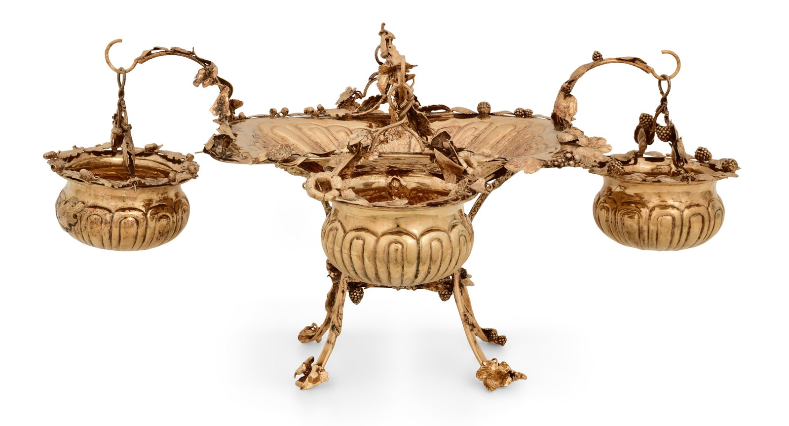 Fine Italian Silver-Gilt Epergne by Antonio Braganti: A Fine Italian Silver-Gilt Epergne by Antonio Braganti 20th century marked "Braganti, Made In Italy, 925" 15 x 31 x 26 inches 198.25 troy ounces Provenance: Private Collection, New York