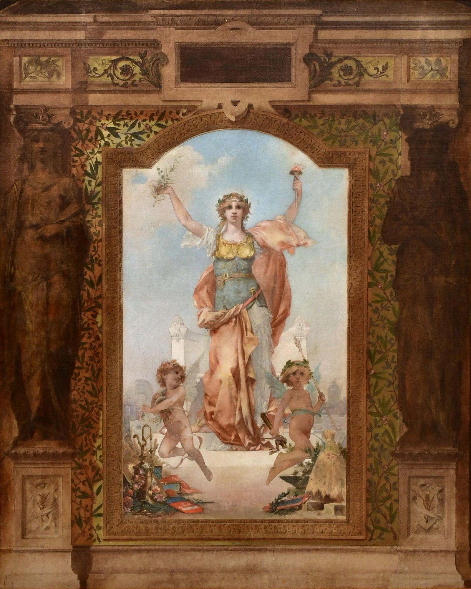 Henri-Camille Danger (French, 1857-1937), Allegory of Industry and Labor: Henri-Camille Danger (French, 1857-1937) Allegory of Industry and Labor oil on canvas signed "Henri Danger" (lower right) 66 1/2 x 53 inches (canvas) 70 1/2 x 57 1/2 inches (frame) Provenance: Priv