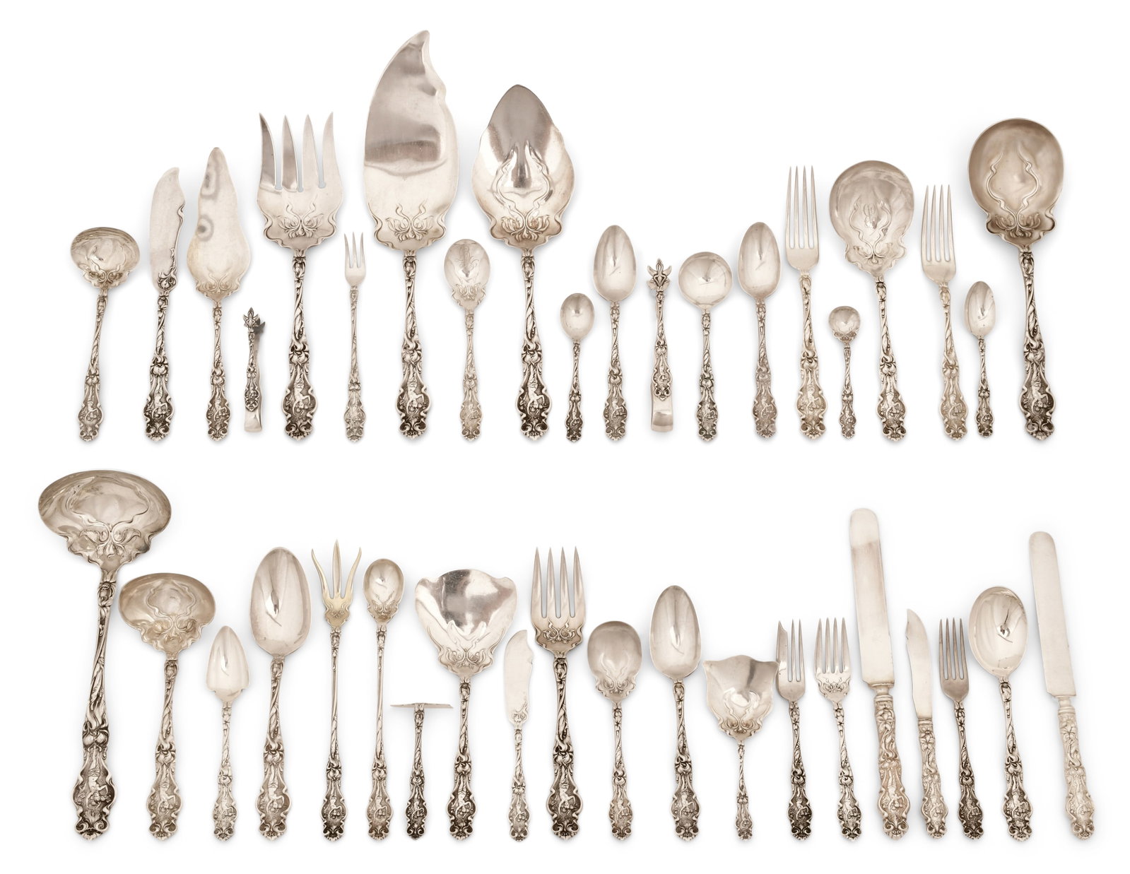 R. Wallace & Sons, An Extensive "Irian" Sterling Silver Flatware Set, 214 Pieces: R. Wallace & Sons An Extensive "Irian" Flatware Set, 214 Pieces early 20th century sterling silver marked "R.W. & S., Sterling" 7 1/2 in. long (dinner fork) 9 1/2 in. long (larger knife) 199.17 troy o