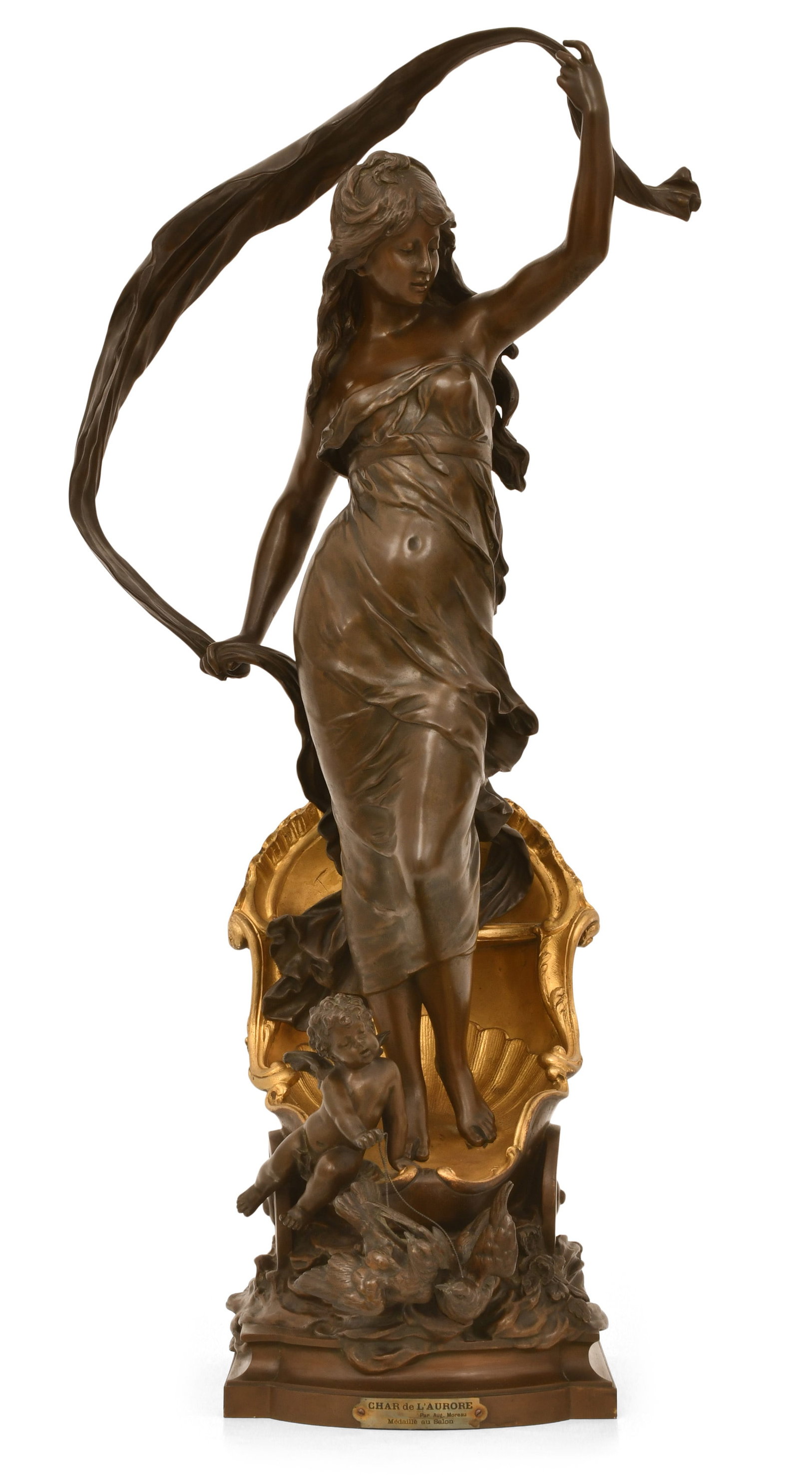 Auguste Moreau (French, 1834-1917), "Char de L'Aurore" Bronze Sculpture: Auguste Moreau (French, 1834-1917) "Char de L'Aurore" patinated and gilt bronze sculpture signed "Auguste Moreau" 33 x 15 x 11 1/2 inches Provenance: Private Collection, New York
