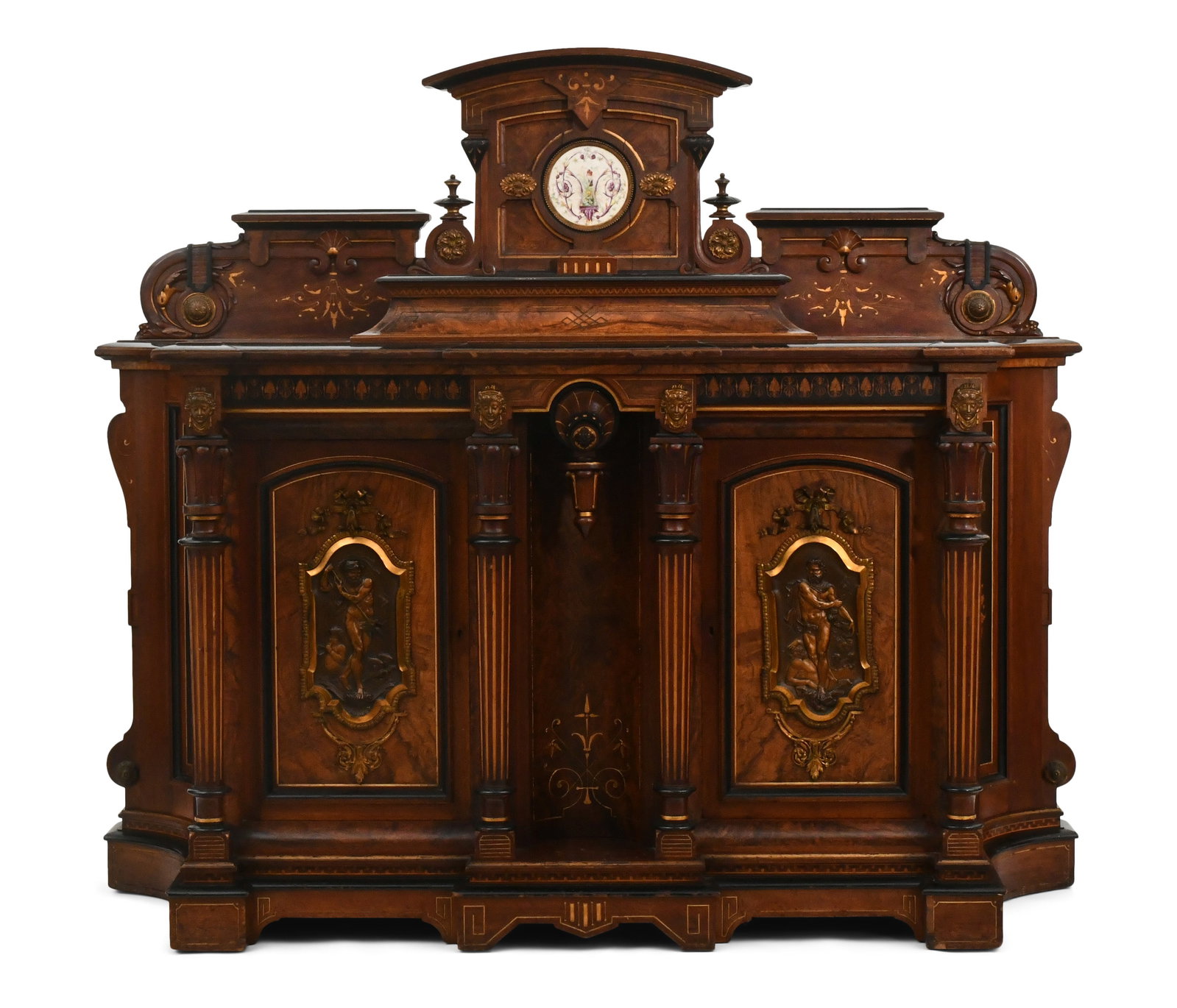 Pottier & Stymus (New York, 1859-1910), Renaissance Revival Credenza: Pottier & Stymus (New York, 1859-1910) Renaissance Revival Credenza circa 1875 rosewood, burl walnut, bronze, inlay, porcelain, ebonized, gilt incised numbered on back "15594" 66 x 77 x 27 inches P