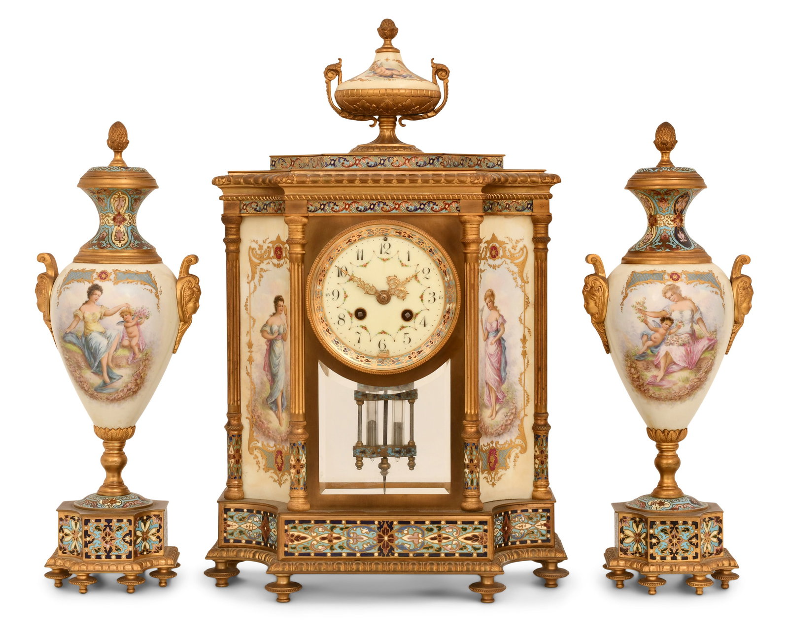 French Champleve, Hand-Painted Porcelain & Gilt Bronze Clock Garniture (1 of 13)