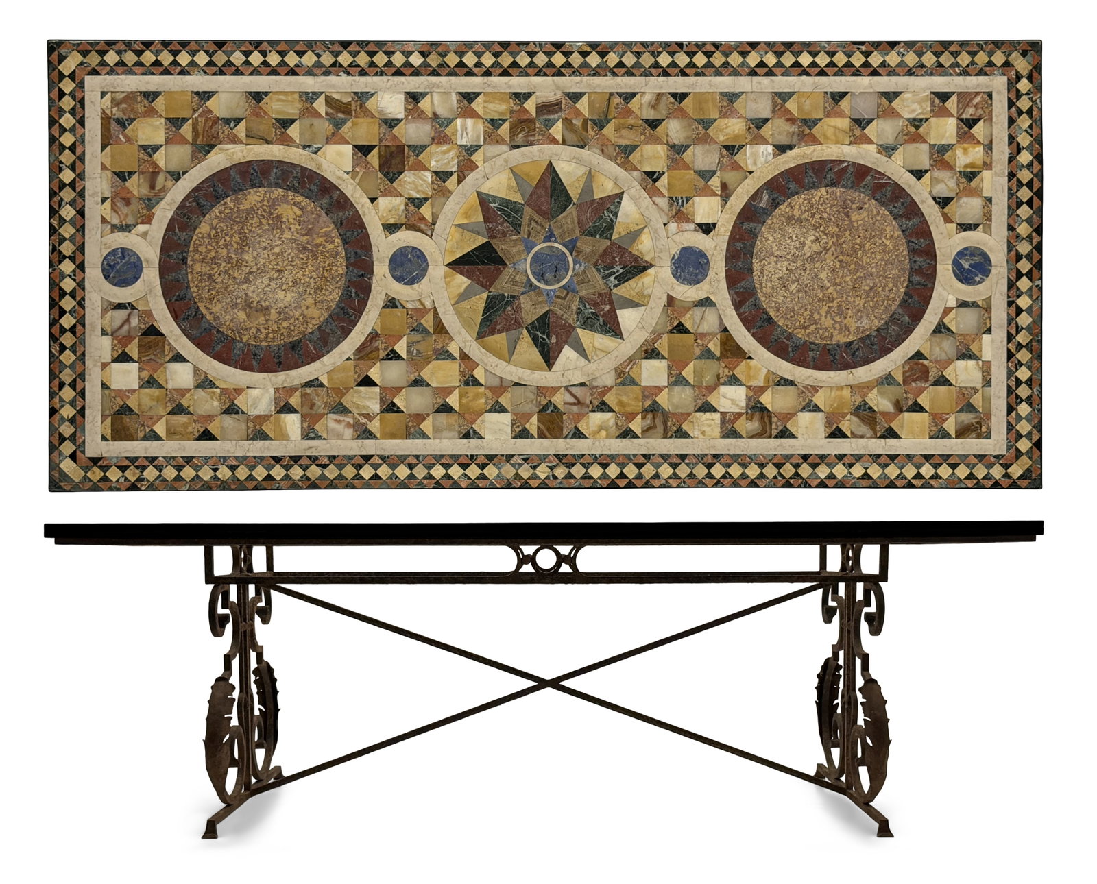 A Large Italian Specimen & Volcanic Marble Top with Wrought Iron Base: A Large Italian Specimen & Volcanic Marble Top with Wrought Iron Base 18th/19th century 31 1/2 x 91 x 41 inches Provenance: Private Collection, Florida