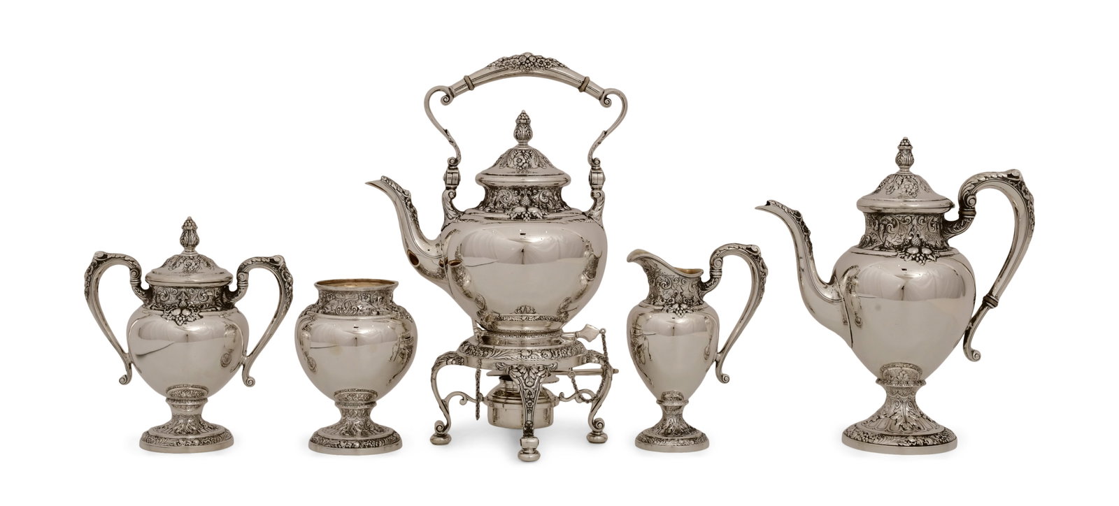 Lunt "Charles II" Sterling Silver Five-Piece Tea Service: Lunt "Charles II" Sterling Silver Five-Piece Tea Service early 20th century marked "Lunt, Sterling" 14 1/2 x 9 1/2 x 6 1/2 inches 147.85 troy ounces Provenance: Private Collection, Maryland