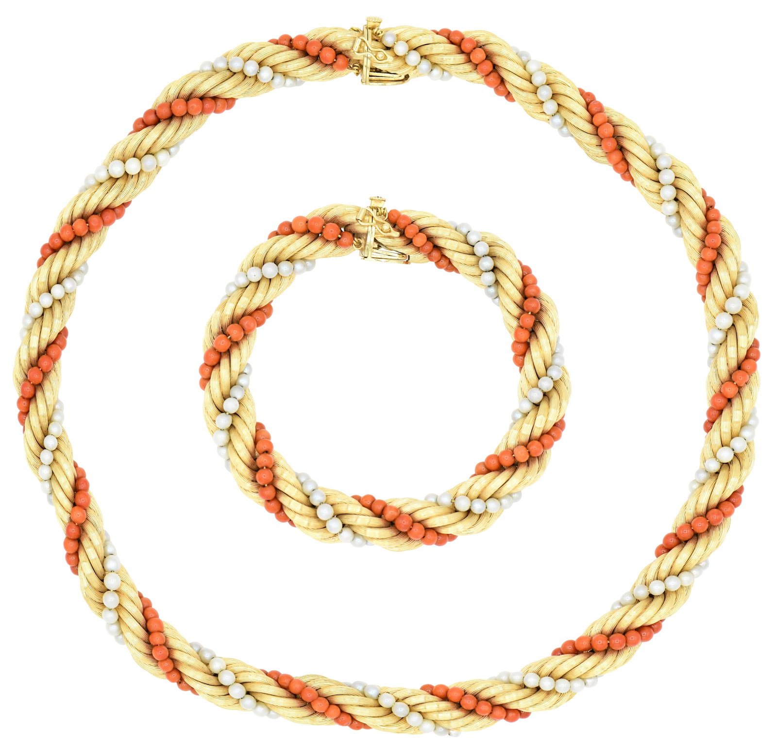 18K Yellow Gold, Red Coral & Pearl Demi Parure: 18K Yellow Gold, Red Coral & Pearl Demi Parure • 17 1/4 inches (necklace length) • 8 1/8 inches (bracelet length) • 77.1 dwt (total lot weight) Provenance: Important Private