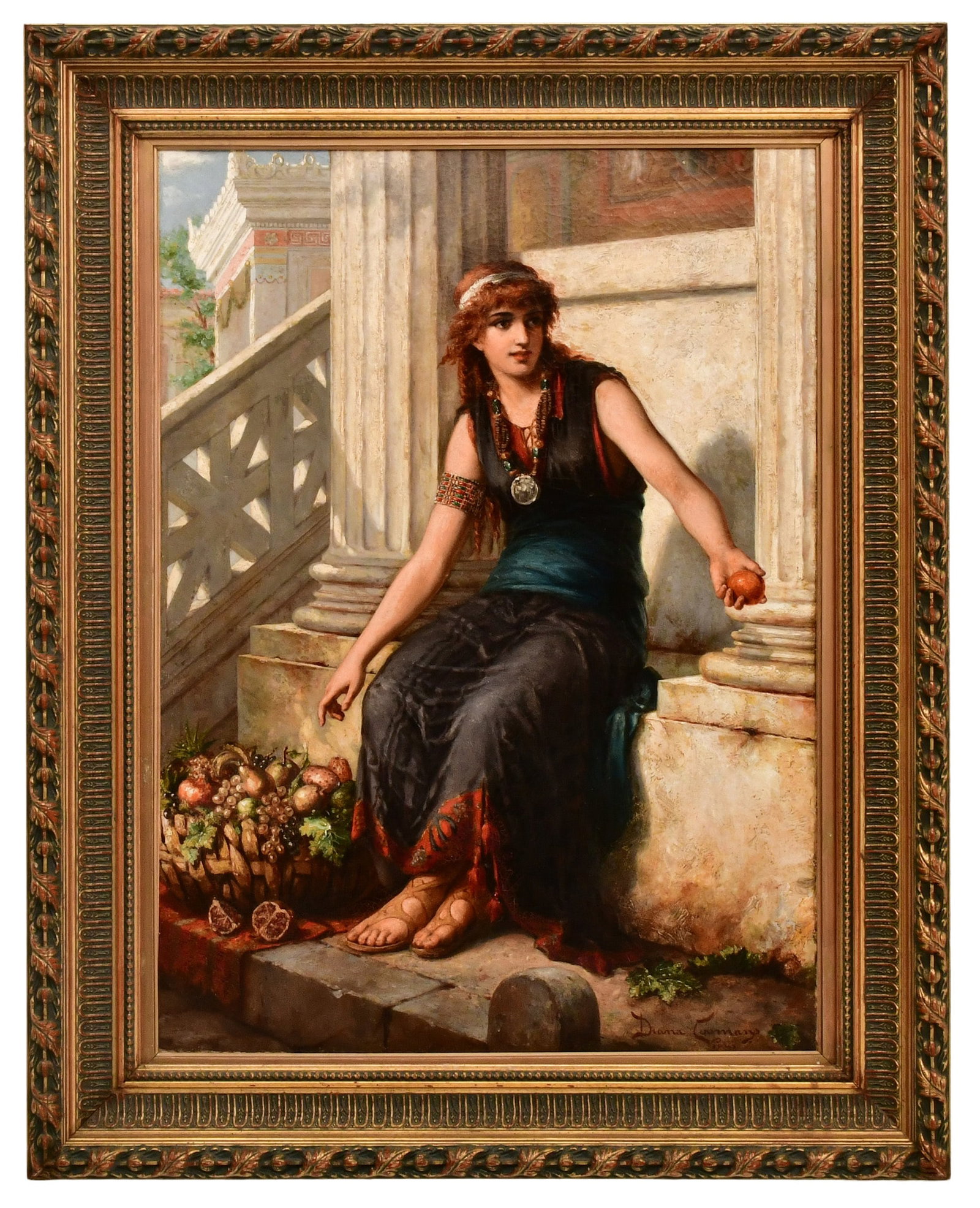 Diana Coomans (Belgian, 1861-1952), Fruit Seller in Pompeii: Diana Coomans (Belgian, 1861-1952) Fruit Seller in Pompeii oil on canvas signed and inscribed "Diana Coomans, Paris" (lower right) 32 1/2 x 23 1/2 inches (canvas) 39 1/2 x 32 1/2 inches (frame)