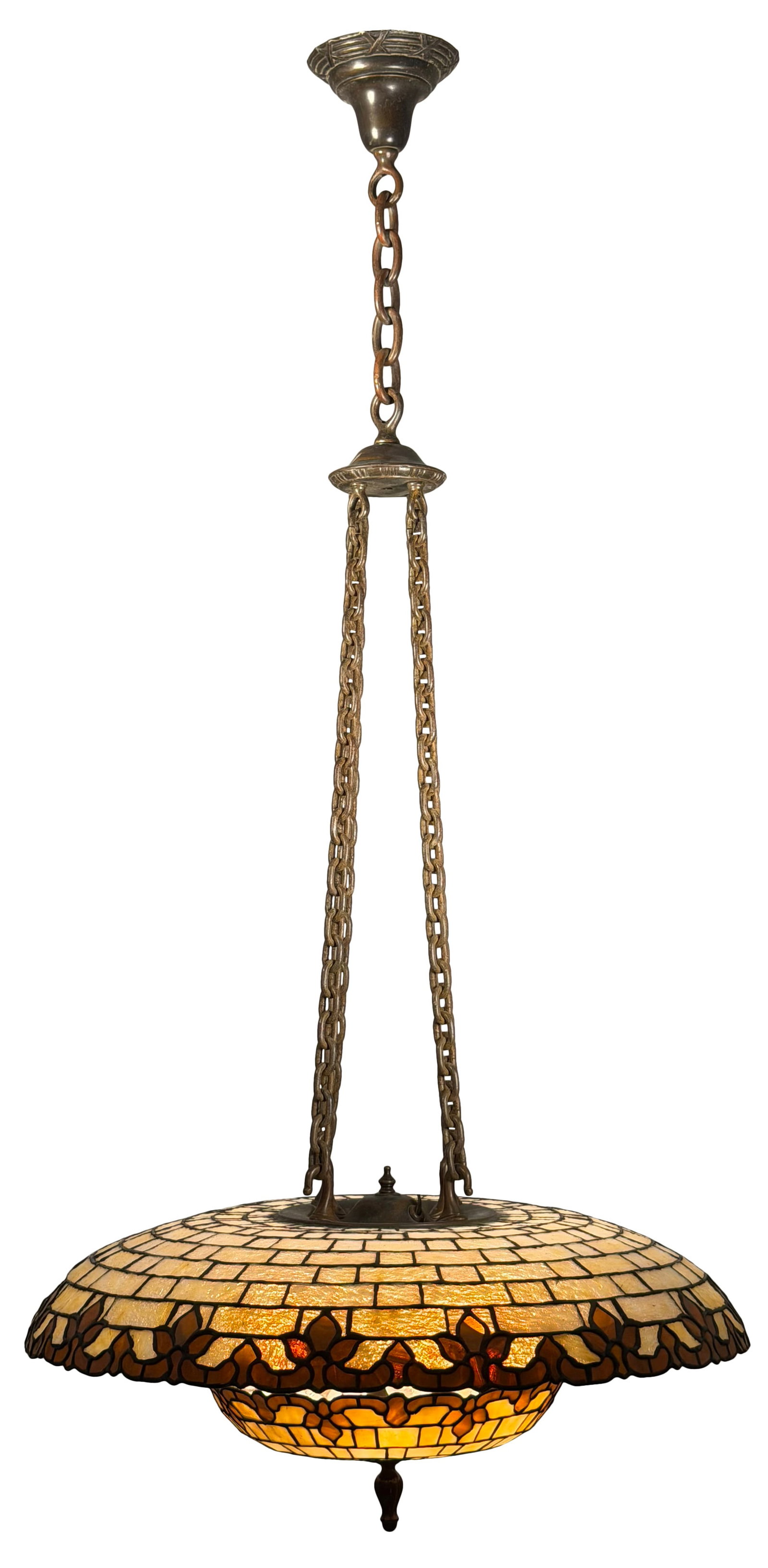 Duffner & Kimberly "Double Dome" Chandelier: Duffner & Kimberly (New York, est. 1905) "Double Dome" Chandelier circa 1910 leaded glass, patinated bronze 60 x 28 inches Provenance: Important Private Collection