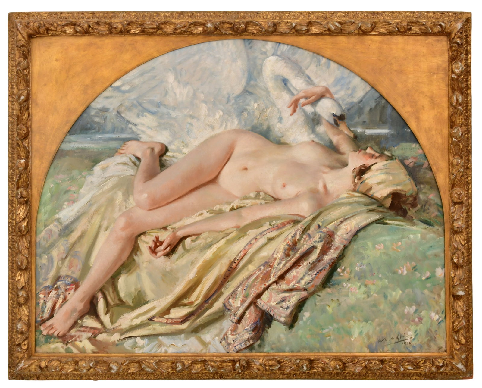 Wilfrid Gabriel de Glehn (British, 1870-1951), "Leda and the Swan": Wilfrid Gabriel de Glehn (British, 1870-1951) "Leda and the Swan" oil on canvas signed and dated "WG. de Glehn, 1924" (lower right) 39 1/2 x 50 inches (canvas) 45 x 56 inches (frame) Provenance: