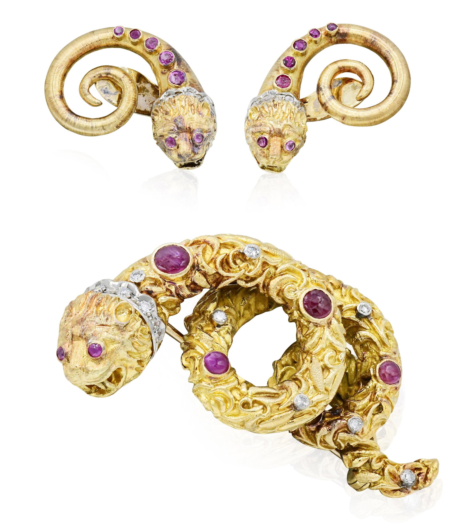 LALAoUNIS 18K Yellow Gold, Diamond & Ruby Chimera Demi-Parure: LALAoUNIS 18K Yellow Gold, Diamond & Ruby Chimera Demi-Parure • the brooch set with ruby cabochons and faceted round rubies weighing a total of 0.67 carats • accented by single cut