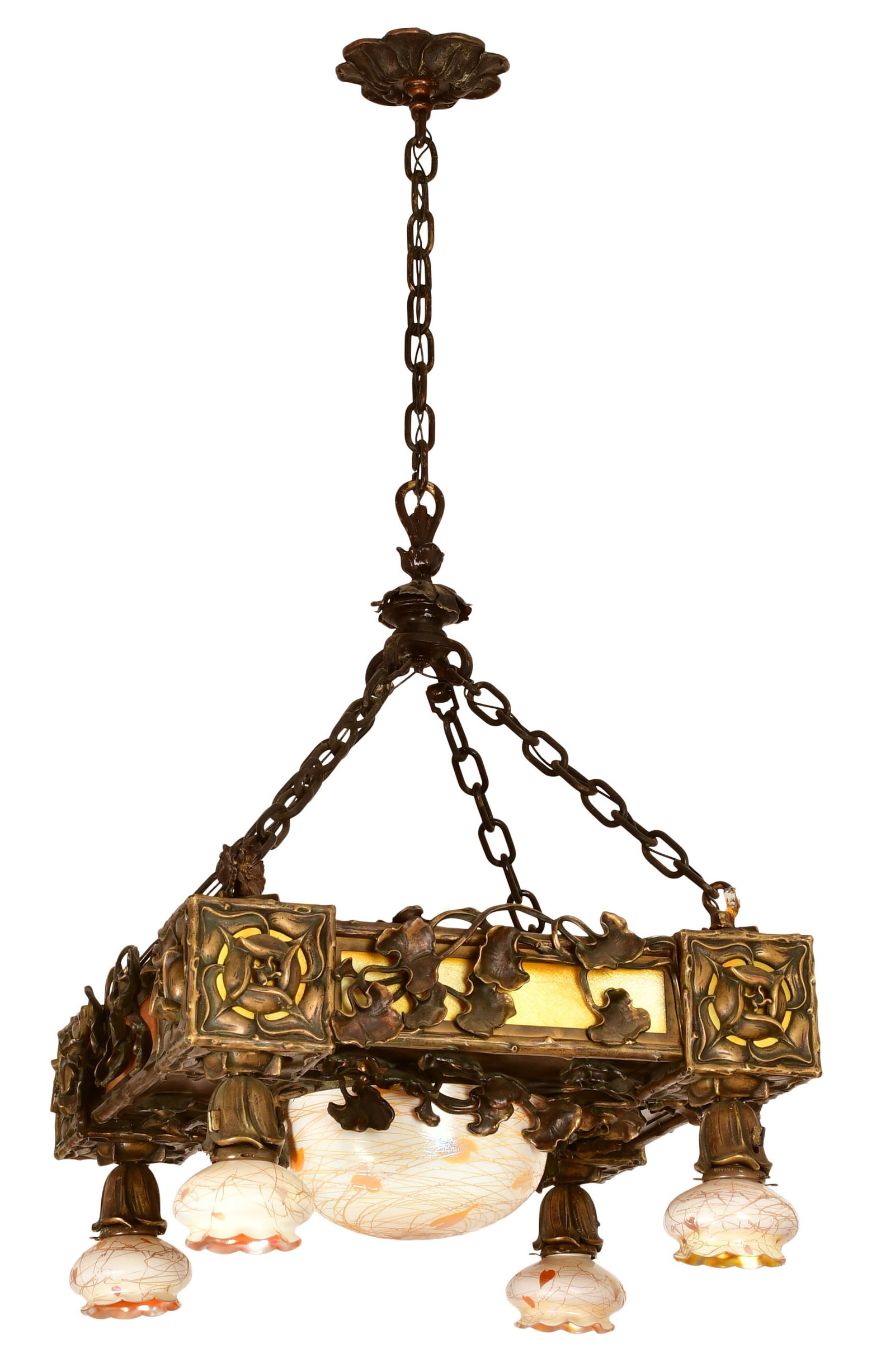 A Large American Art Nouveau Bronze Chandelier with Quezal "Hearts and Vines" Shades: A Large American Art Nouveau Bronze Chandelier with Quezal "Hearts and Vines" Shades early 20th century the large shade signed "Quezal" 56 x 25 1/2 inches Provenance: Important Private Collection