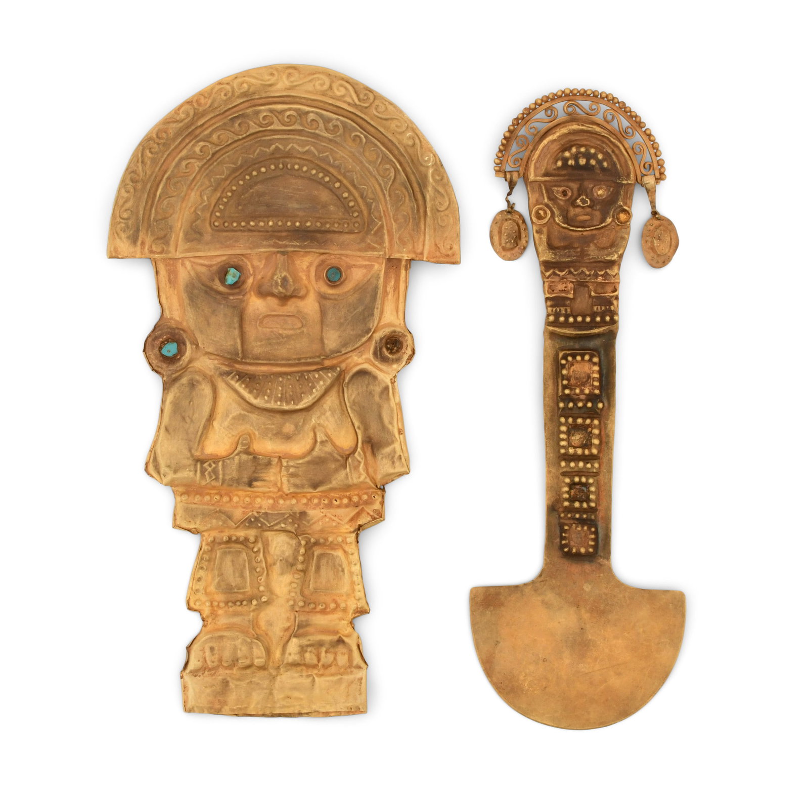 Pre-Myan 18K Gold Lambayeques (Sicáns), 700-1200AD: Pre-Myan 18K Gold Lambayeques (Sicáns), 700-1200AD 9 x 5 inches (largest) 5.86 troy ounces Provenance: Private Collection, Massachusetts Other Notes: Fontaine's Auction Gallery can arrange