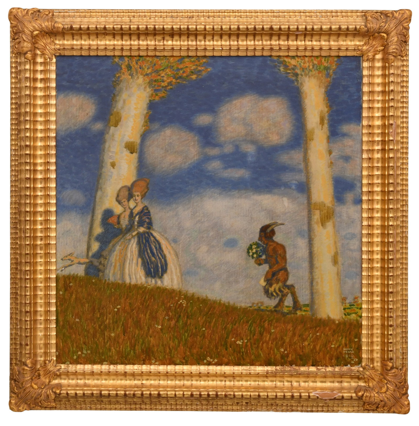 Hanns Pellar (Austrian, 1886-1971), Two Ladies Walking with a Satyr Holding Flowers: Hanns Pellar (Austrian, 1886-1971) Two Ladies Walking with a Satyr Holding Flowers oil on canvas signed and dated "Hanns Pellar, 1912" (lower right) 25 x 24 inches (canvas) 31 1/4 x 31 inches (frame)