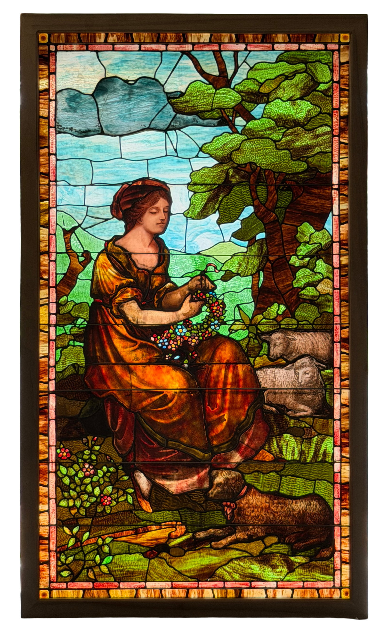 American Leaded Glass Window of a Woman in a Landscape with a Dog and Sheep: American Leaded Glass Window of a Woman in a Landscape with a Dog and Sheep early 20th century 81 x 47 inches (frame) Provenance: Property from a Northeast Collector