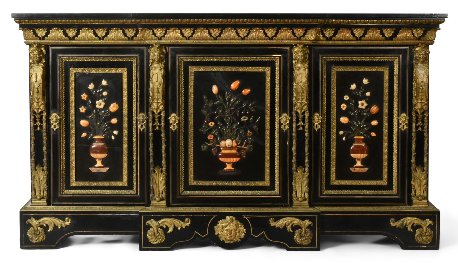 French Napoleon III Ormolu & Hardstone-Mounted Ebonized Cabinet: French Napoleon III Ormolu & Hardstone-Mounted Ebonized Cabinet 19th century the breakfront rectangular top above three doors with polychrome relief carved stone panels of vases filled with flowers an