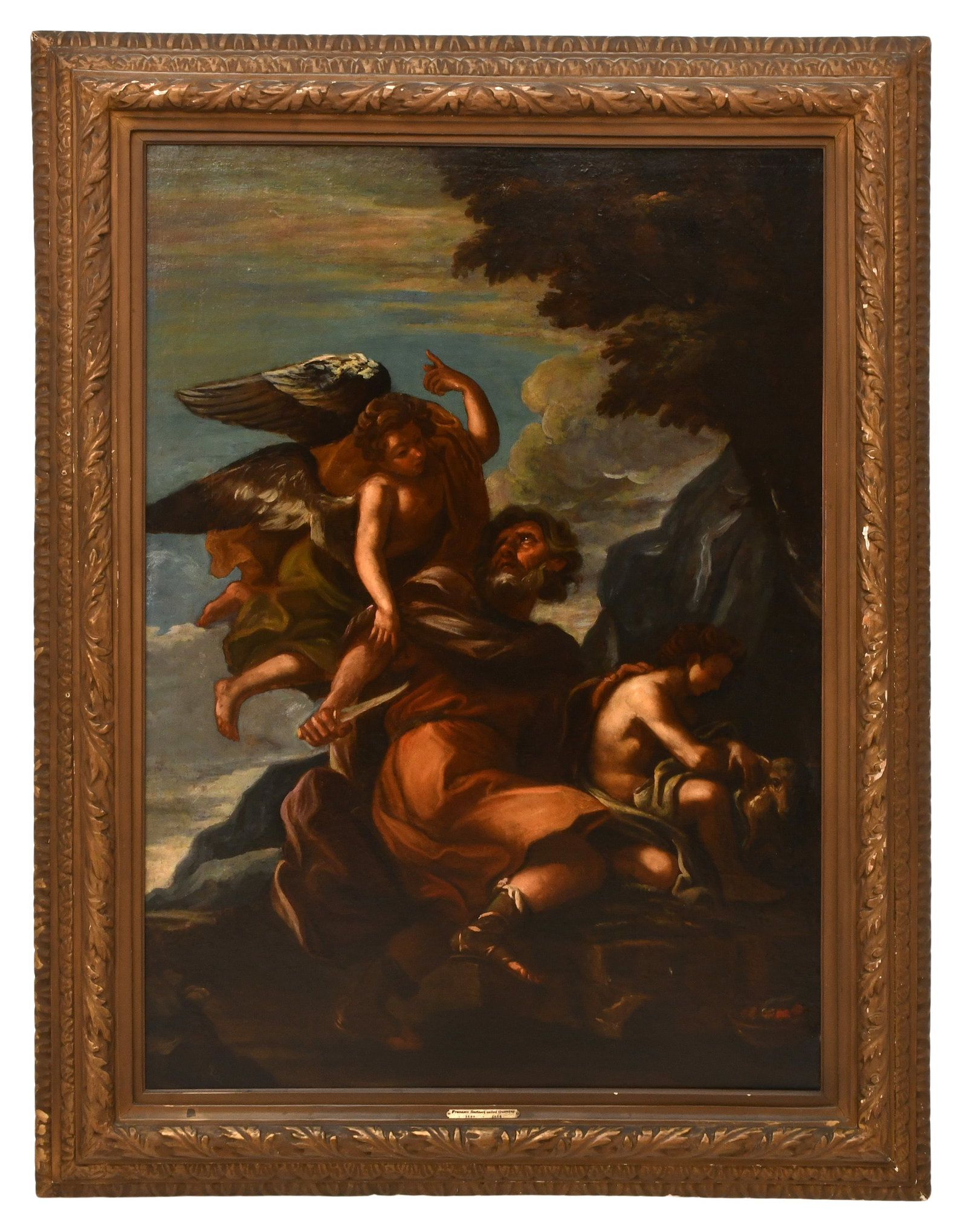Old Master Painting After Giovanni Francesco Barbieri, Called Guercino (Italian 1591-1666), Abraham: After Giovanni Francesco Barbieri, Called Guercino (Italian 1591-1666) Abraham Sacrificing Isaac 18th century oil on canvas with Plaza Art Galleries NYC label (verso) 53 x 39 inches (canvas) 64 1/2 x 