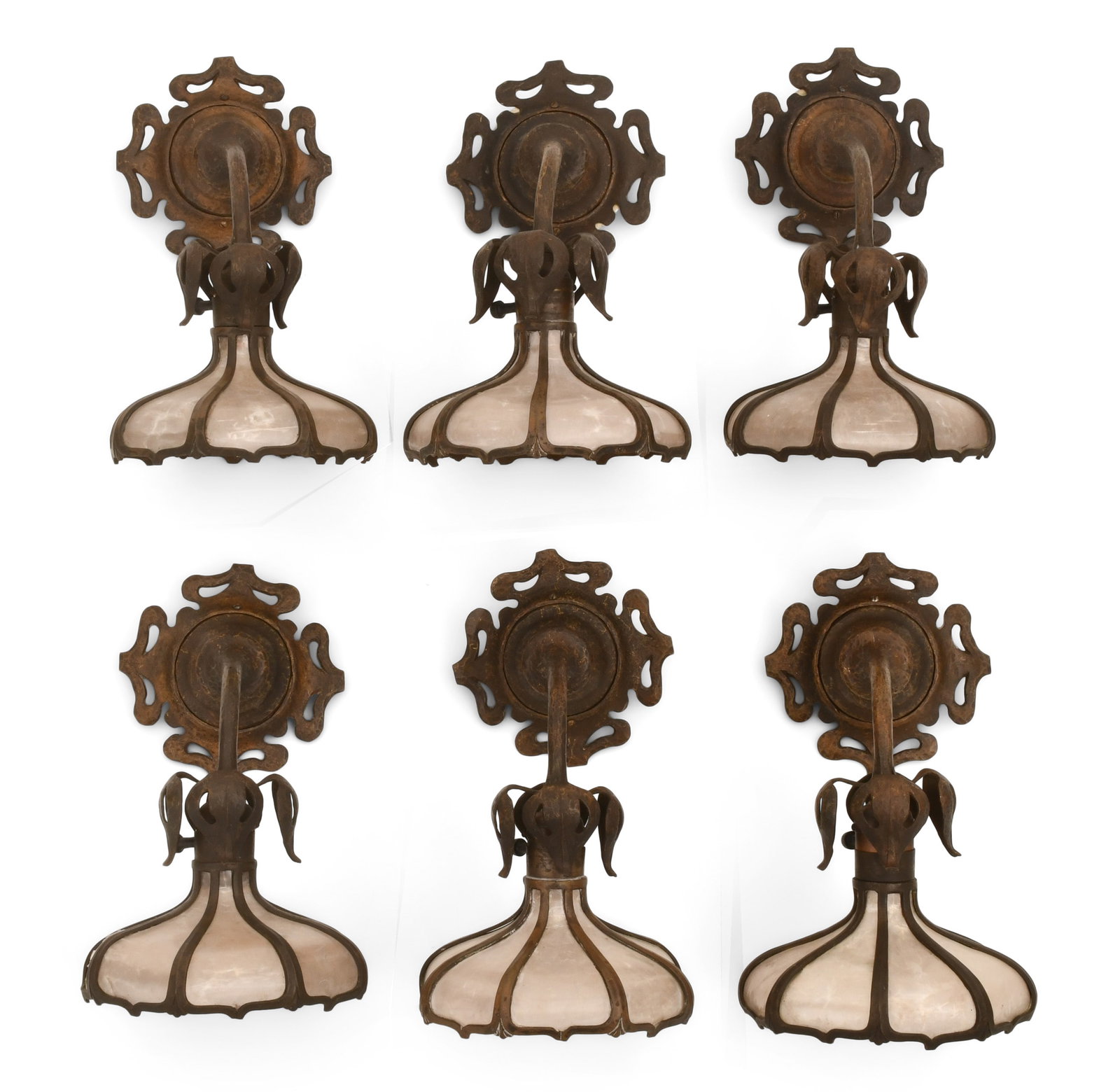 Attr. The Enos Company, Set of Six Arts & Crafts Wall Sconces: Attributed to The Enos Company Set of Six Arts & Crafts Wall Sconces early 20th century bronze, mica 12 x 7 1/2 x 10 inches Provenance: Private Collection, Connecticut