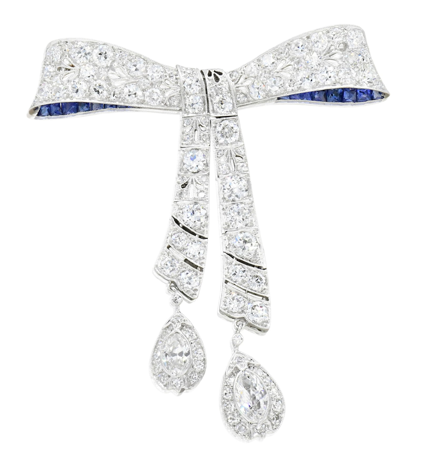 Platinum, Diamond & Sapphire Art Deco Bow Brooch/Pendant: Platinum, Diamond & Sapphire Art Deco Bow Brooch/Pendant • featuring two marquise cut diamonds weighing a total of 0.59 carats • set with round brilliant and single cut diamonds weighing a