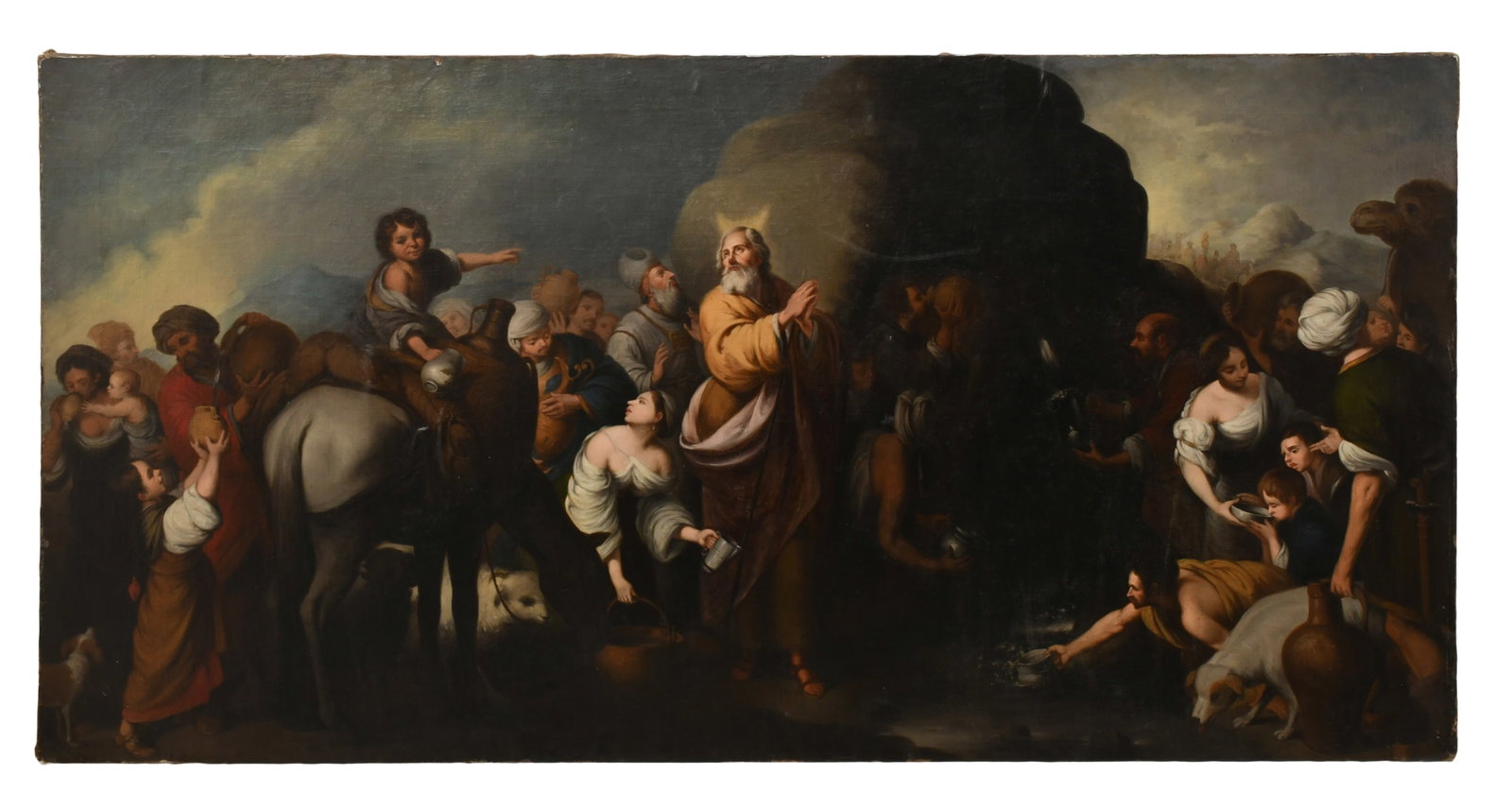 After Bartolome Esteban Murillo (Spanish 1617-1682), "Moses at the Rock of Horeb," 19th Century, A: After Bartolome Esteban Murillo (Spanish 1617-1682), "Moses at the Rock of Horeb," 19th Century, A Large Oil on Canvas 38 x 76 inches Provenance: Private Collection, New Jersey