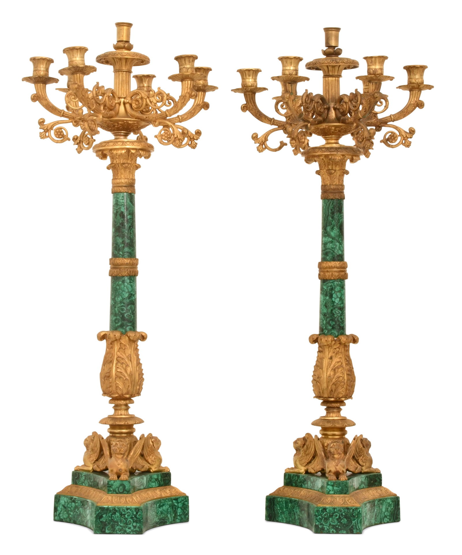 A Pair of French Gilt Bronze & Malachite Candelabras (1 of 6)