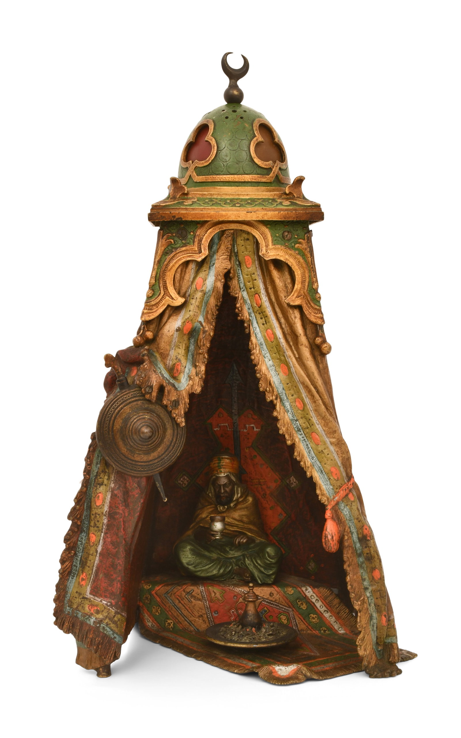 Attr. Franz Xaver Bergmann (Austrian, 1861-1936), Orientalist Tent-Form Lamp with Figure: Attributed to Franz Xaver Bergmann (Austrian, 1861-1936) Orientalist Tent-Form Lamp with Figure cold-painted bronze stamped "Made In Austria" 14 1/2 x 8 x 6 1/2 inches Provenance: Private Collection, 