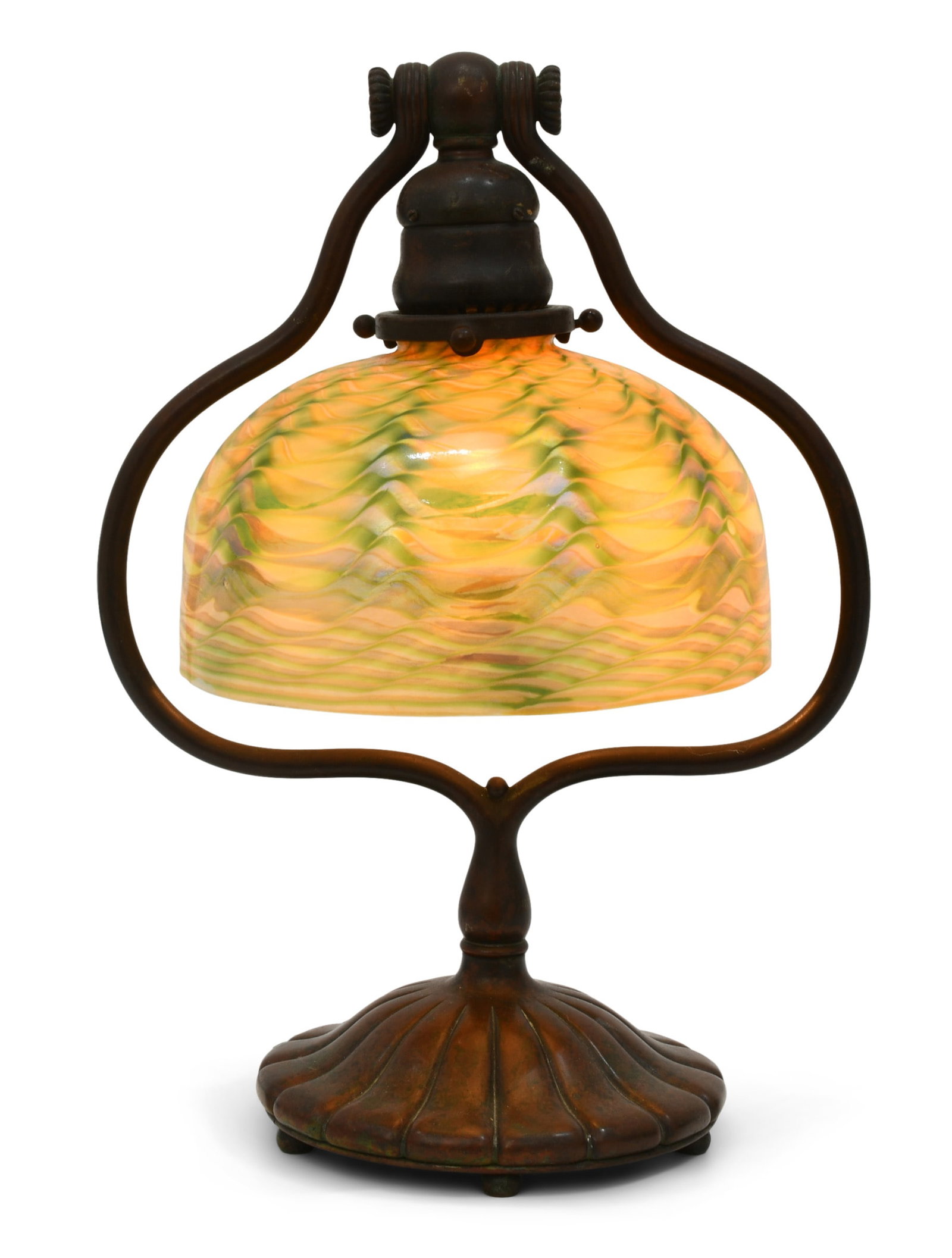 Tiffany Studios "Damascene" Desk Lamp: Tiffany Studios "Damascene" Desk Lamp circa 1910 favrile glass, patinated bronze shade engraved "L.C.T." base impressed "Tiffany Studios, New York, 419" 13 1/2 x 7 inches Provenance: Private
