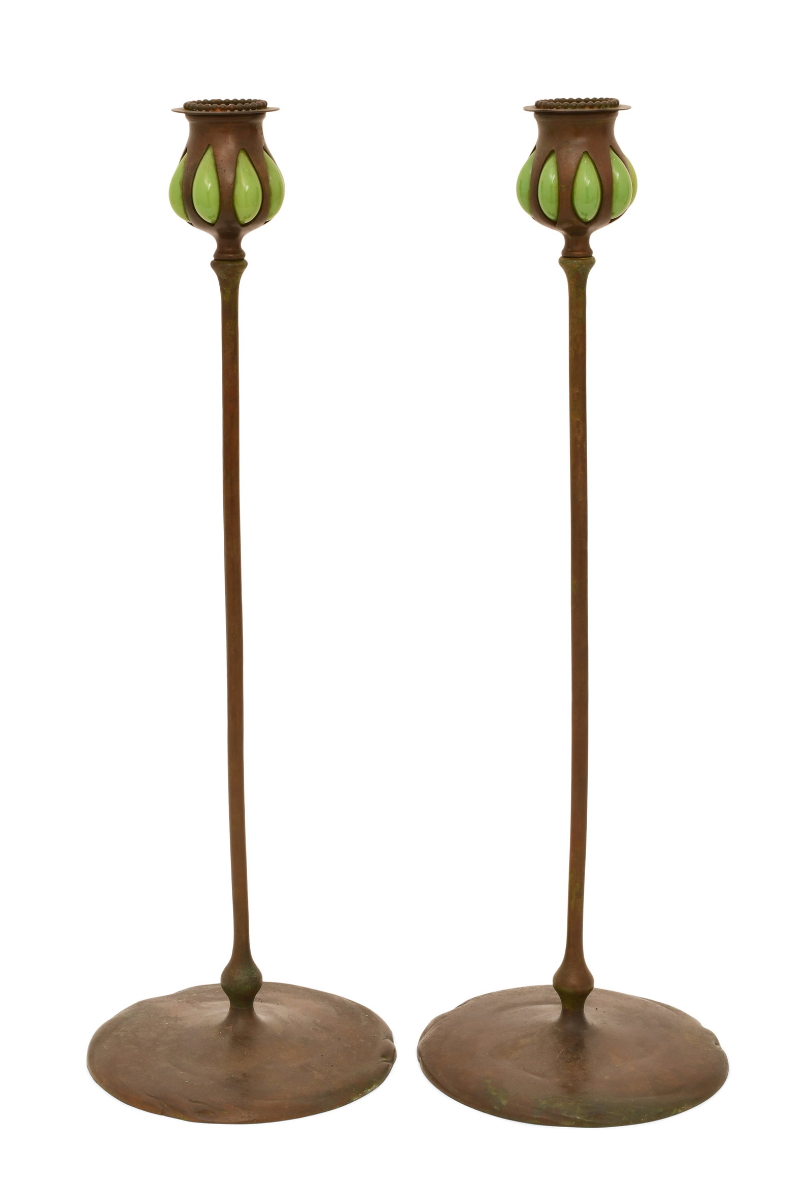 Tiffany Studios, Pair of Blown Glass Candlesticks: Tiffany Studios Pair of Blown Glass Candlesticks circa 1900 favrile glass, patinated bronze each impressed "Tiffany Studios, New York, 21100" and with the Tiffany Glass & Decorating Company monogram