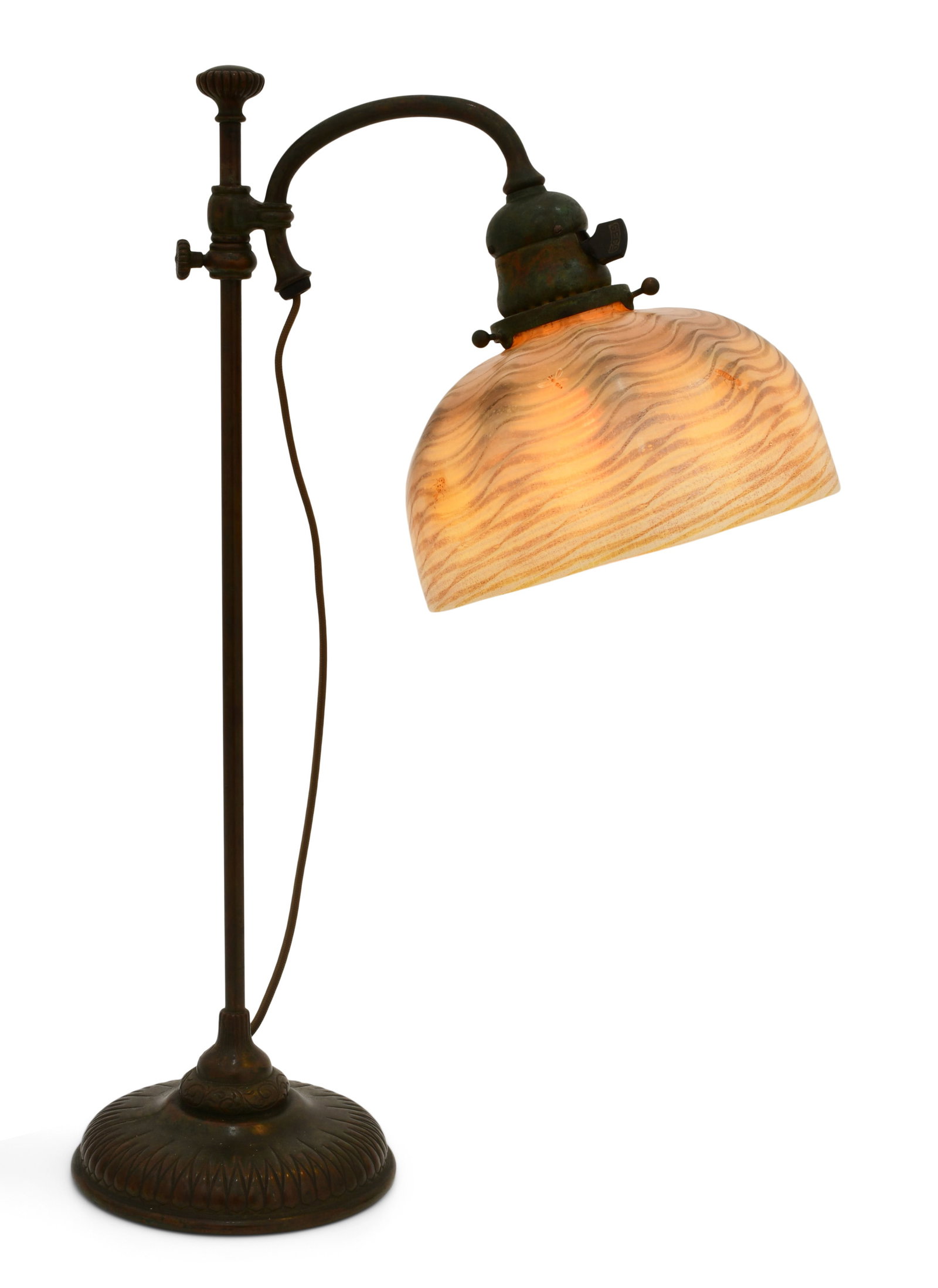 Tiffany Studios "Damascene" Adjustable Desk Lamp: Tiffany Studios "Damascene" Adjustable Desk Lamp circa 1910 patinated bronze, favrile glass shade engraved "L.C.T." base impressed "Tiffany Studios, New York, 303" 20 x 13 1/2 x 7 inches Provenance: