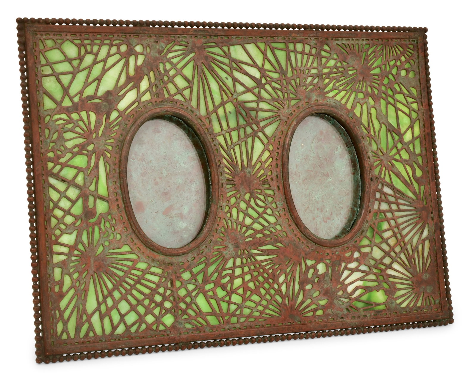 Tiffany Studios "Pine Needle" Double Picture Frame: Tiffany Studios "Pine Needle" Double Picture Frame circa 1910 patinated bronze, favrile glass impressed "Tiffany Studios, New York" 7 1/4 x 10 1/4 inches Provenance: Private Collection, New York