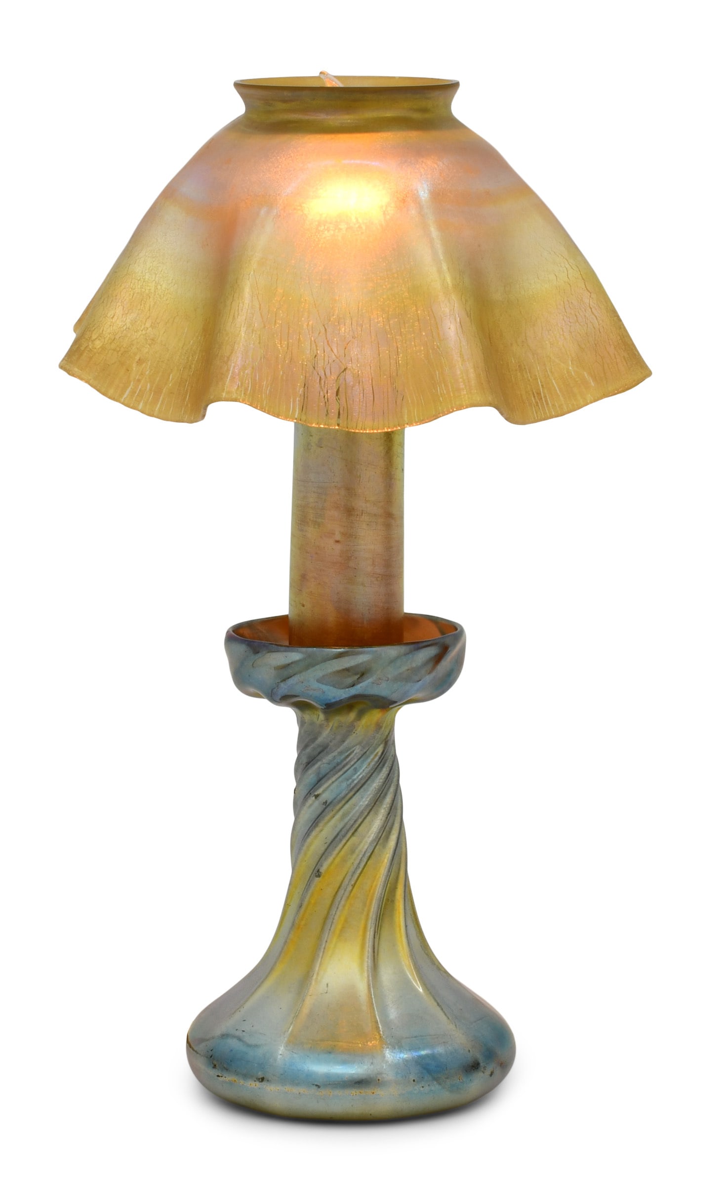 Tiffany Studios Candle Lamp: Tiffany Studios Candle Lamp early 20th century favrile glass shade engraved "L.C.T." base engraved "L.C.T. Favrile" 12 x 7 1/4 inches Provenance: Private Collection, New York