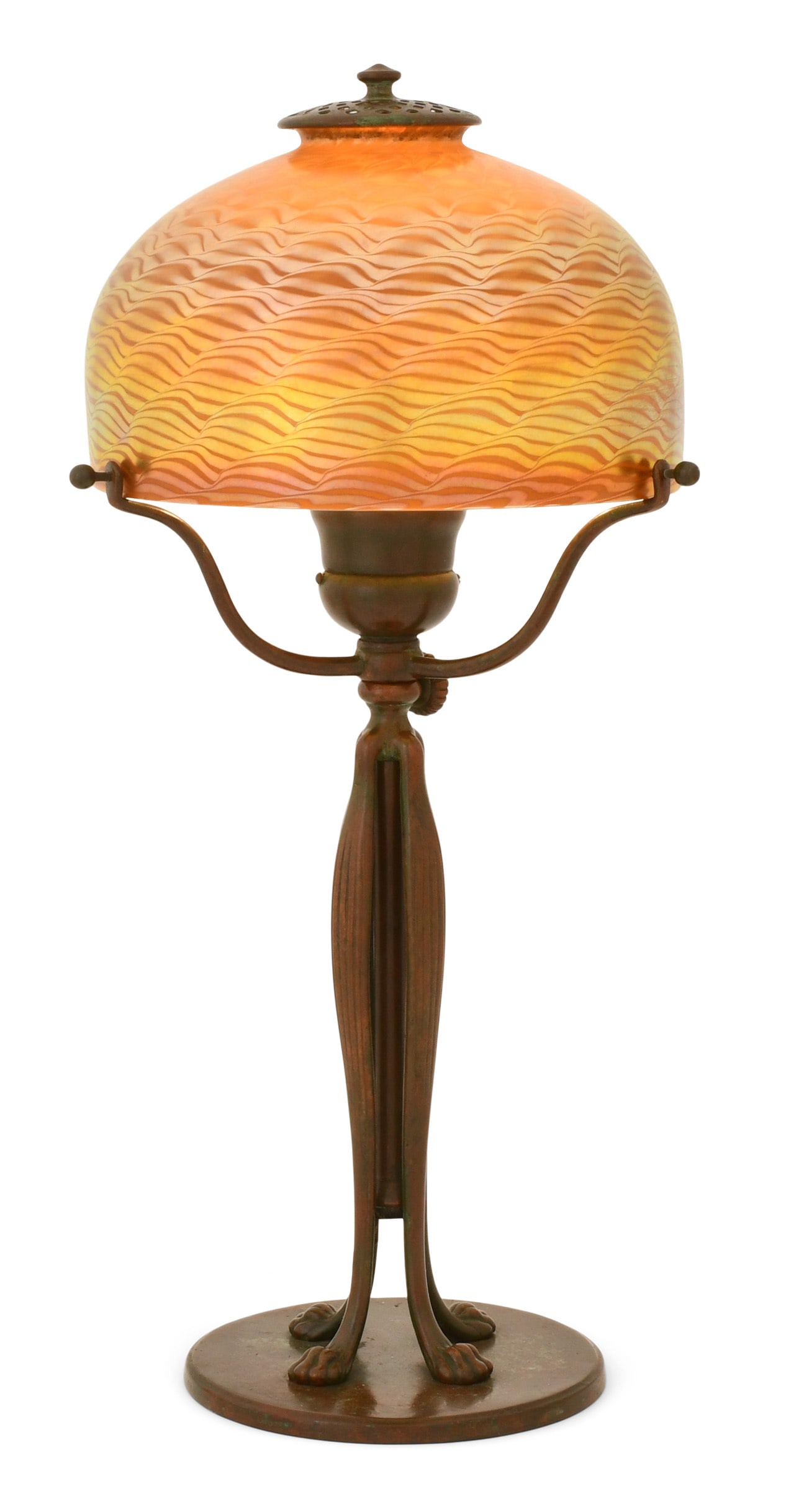 Tiffany Studios "Damascene" Desk Lamp: Tiffany Studios "Damascene" Desk Lamp circa 1910 favrile glass, patinated bronze shade engraved "L.C.T." base impressed "Tiffany Studios, New York, 427" 16 in. high, 7 in. diameter (shade)