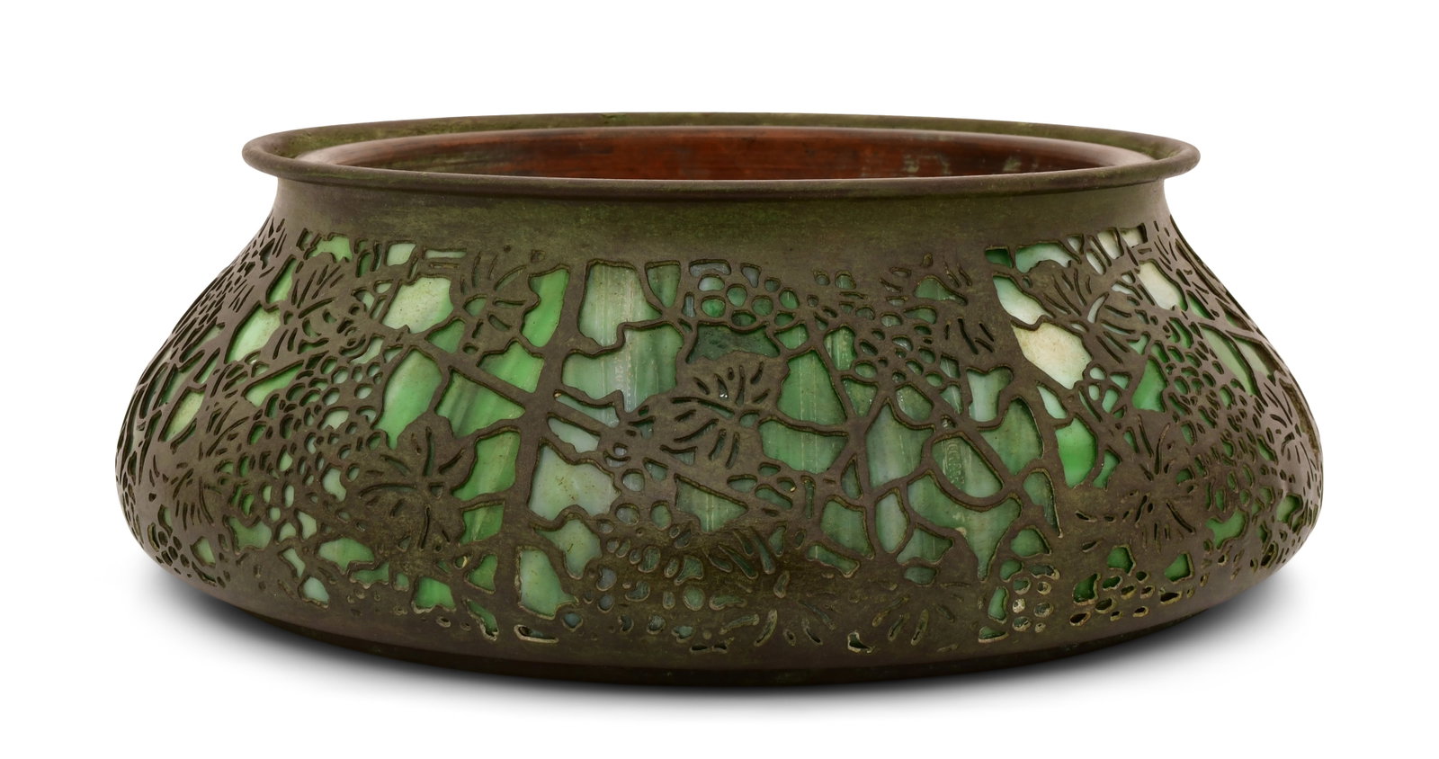Tiffany Studios "Grapevine" Planter: Tiffany Studios "Grapevine" Planter circa 1910 favrile glass, patinated bronze impressed "Tiffany Studios, New York" 4 x 10 3/4 inches Provenance: Private Collection, New York Other Notes: Fontaine's