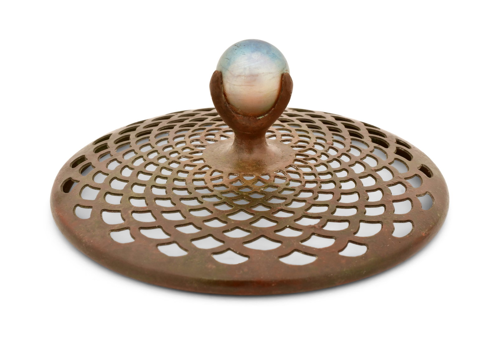 Tiffany Studios, A Rare "Ball" Heat Cap: Tiffany Studios A Rare "Ball" Heat Cap circa 1910 patinated bronze, favrile glass 2 x 4 3/4 inches Provenance: Private Collection, New York Other Notes: Fontaine's Auction Gallery can arrange
